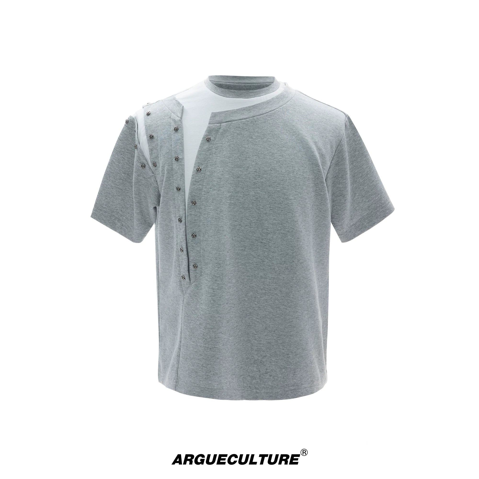 Metal Rivet Split-Layer Short Sleeve T-Shirt - Grey Top