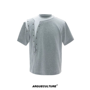 Metal Rivet Split-Layer Short Sleeve T-Shirt - Grey Top