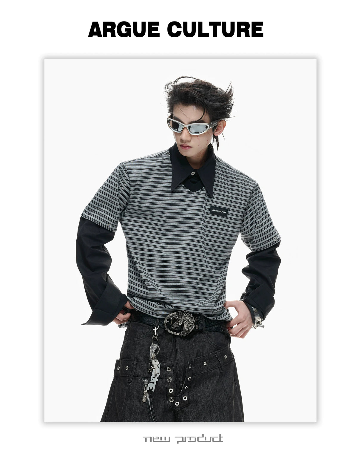 Color-Block Striped Mock Two-Piece Polo Shirt - description image 4