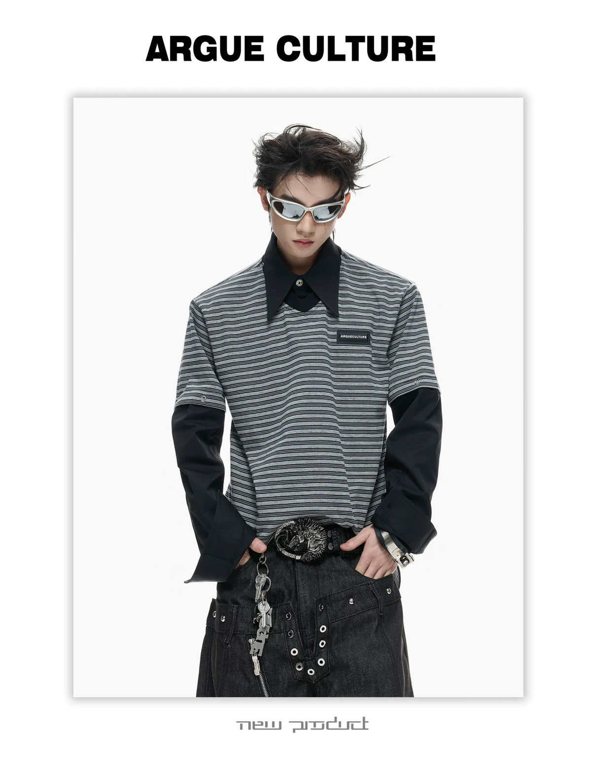 Color-Block Striped Mock Two-Piece Polo Shirt - description image 5