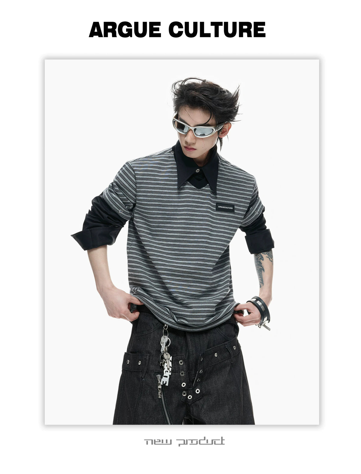 Color-Block Striped Mock Two-Piece Polo Shirt - description image 7