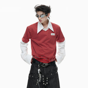 Color-Block Striped Mock Two-Piece Polo Shirt - main image 1