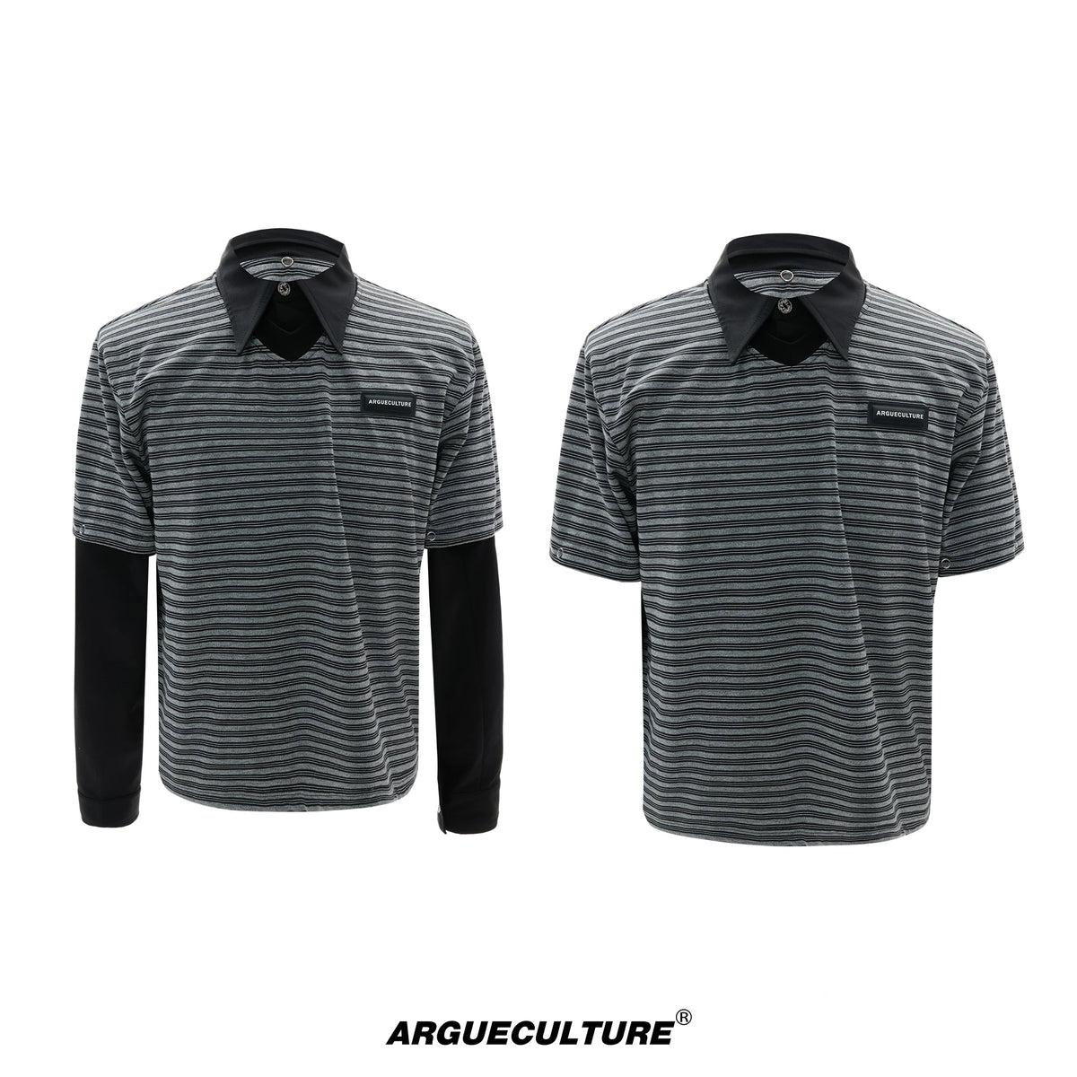 Color-Block Striped Mock Two-Piece Polo Shirt - Black Top