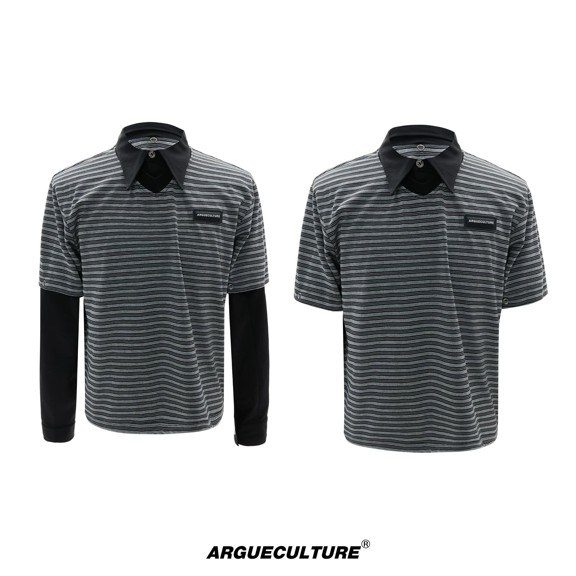 Color-Block Striped Mock Two-Piece Polo Shirt - Black Top