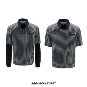 Color-Block Striped Mock Two-Piece Polo Shirt - Black Top