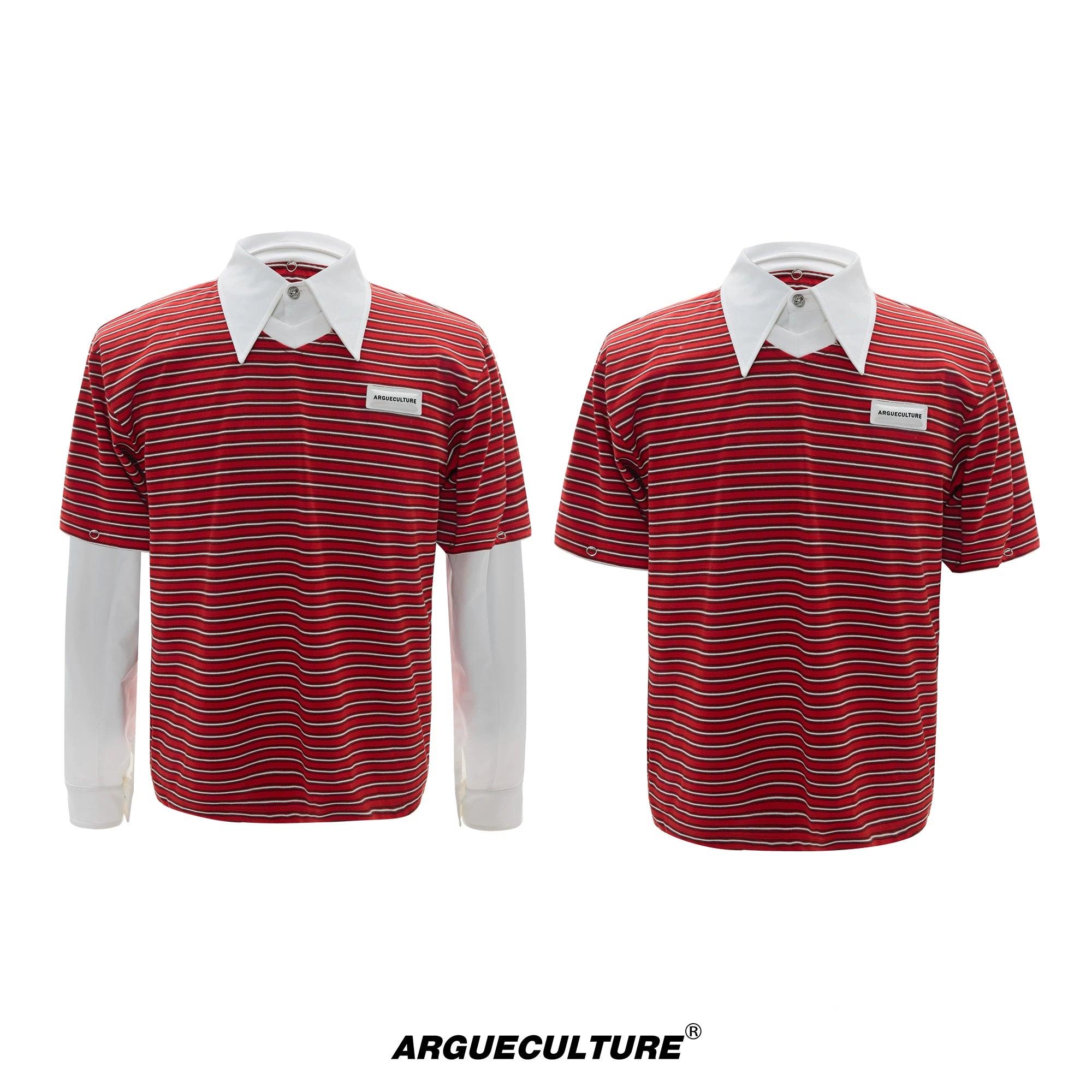 Color-Block Striped Mock Two-Piece Polo Shirt - Red Top