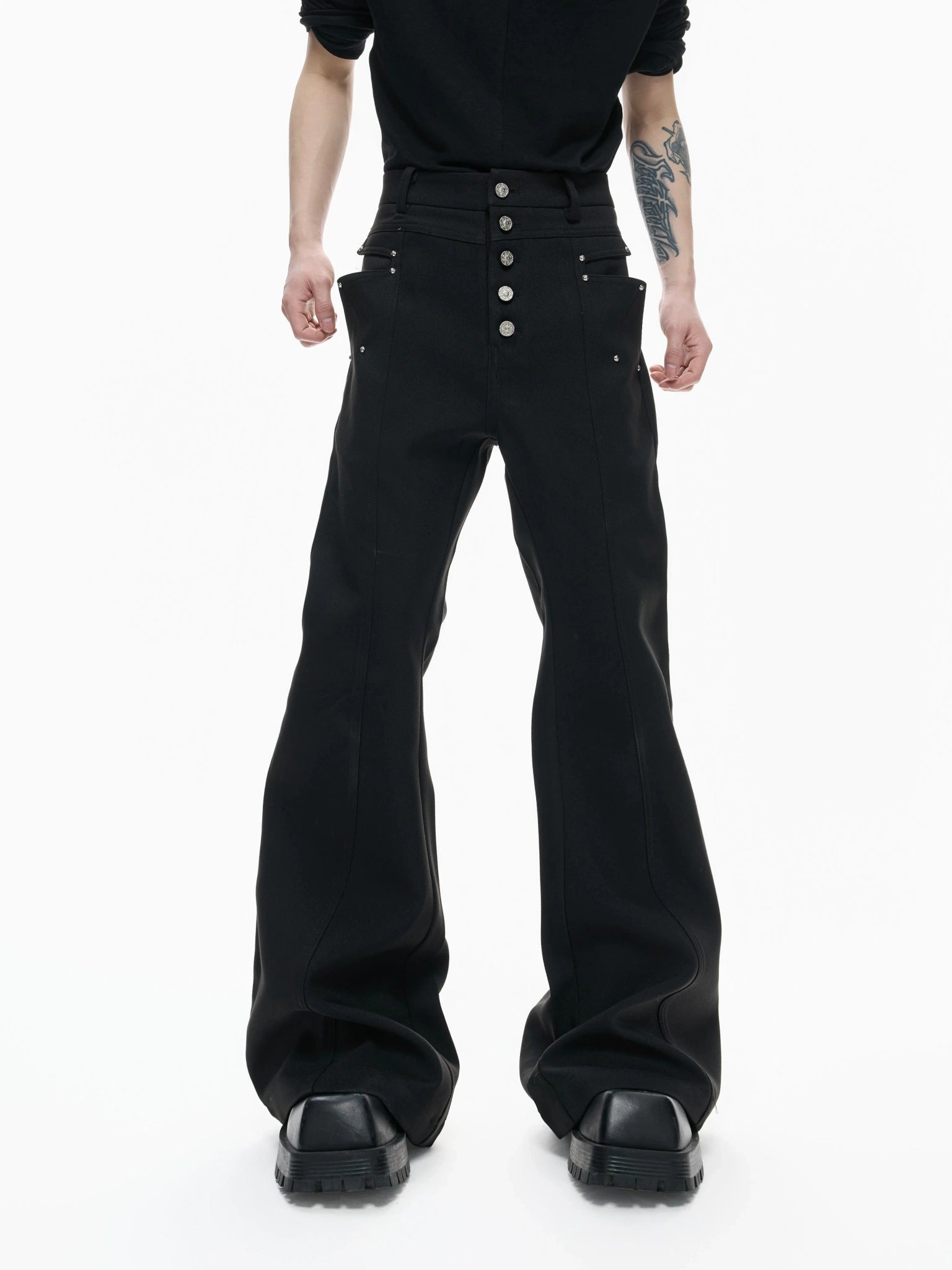 High-Rise Metal Detail Straight-Leg Trousers | Black - main image 1