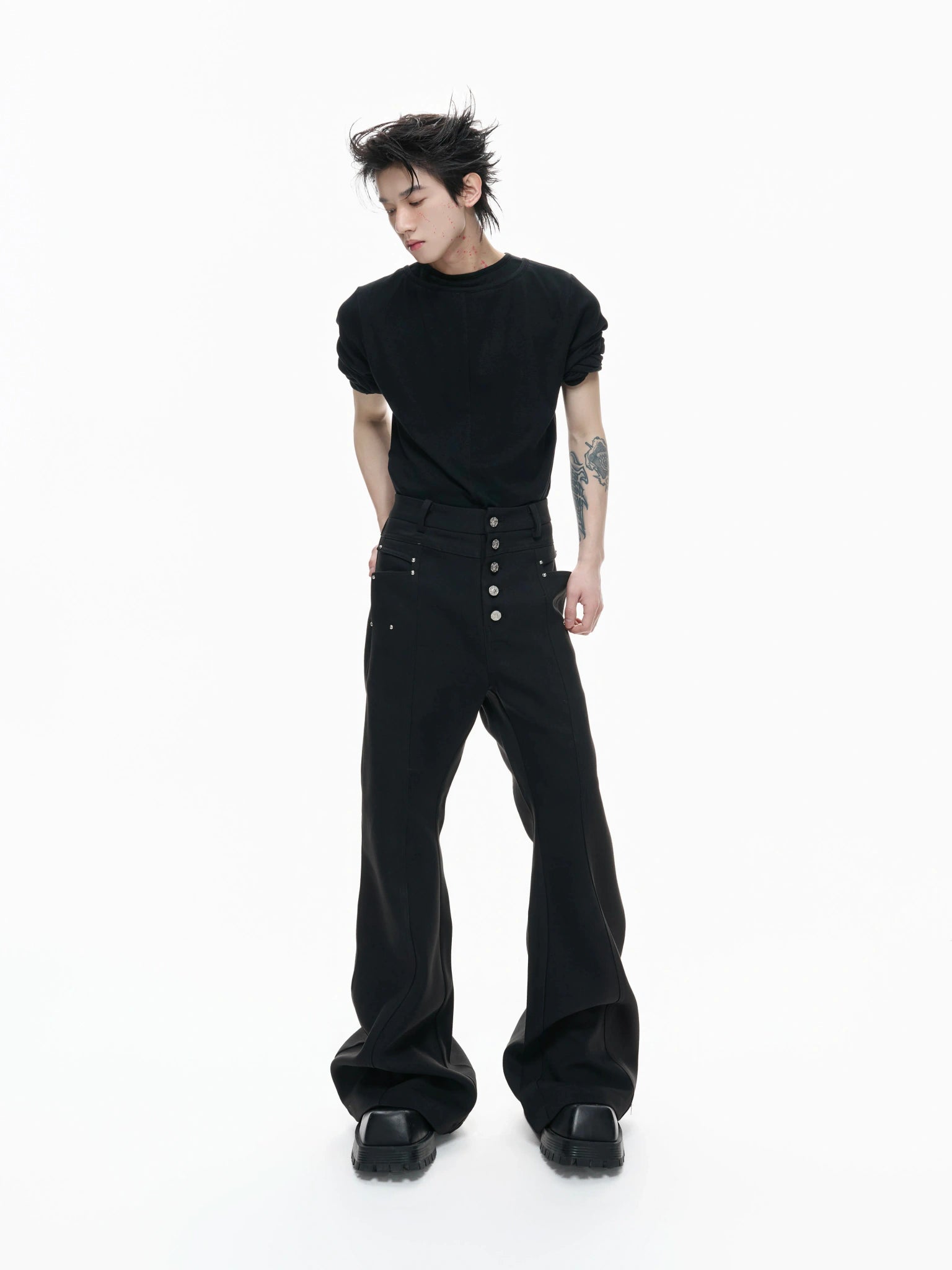 High-Rise Metal Detail Straight-Leg Trousers | Black - main image 3