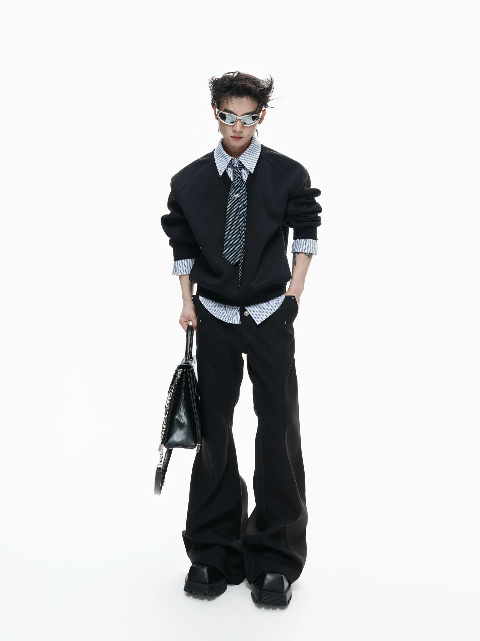 High-Rise Metal Detail Straight-Leg Trousers | Black - main image 5