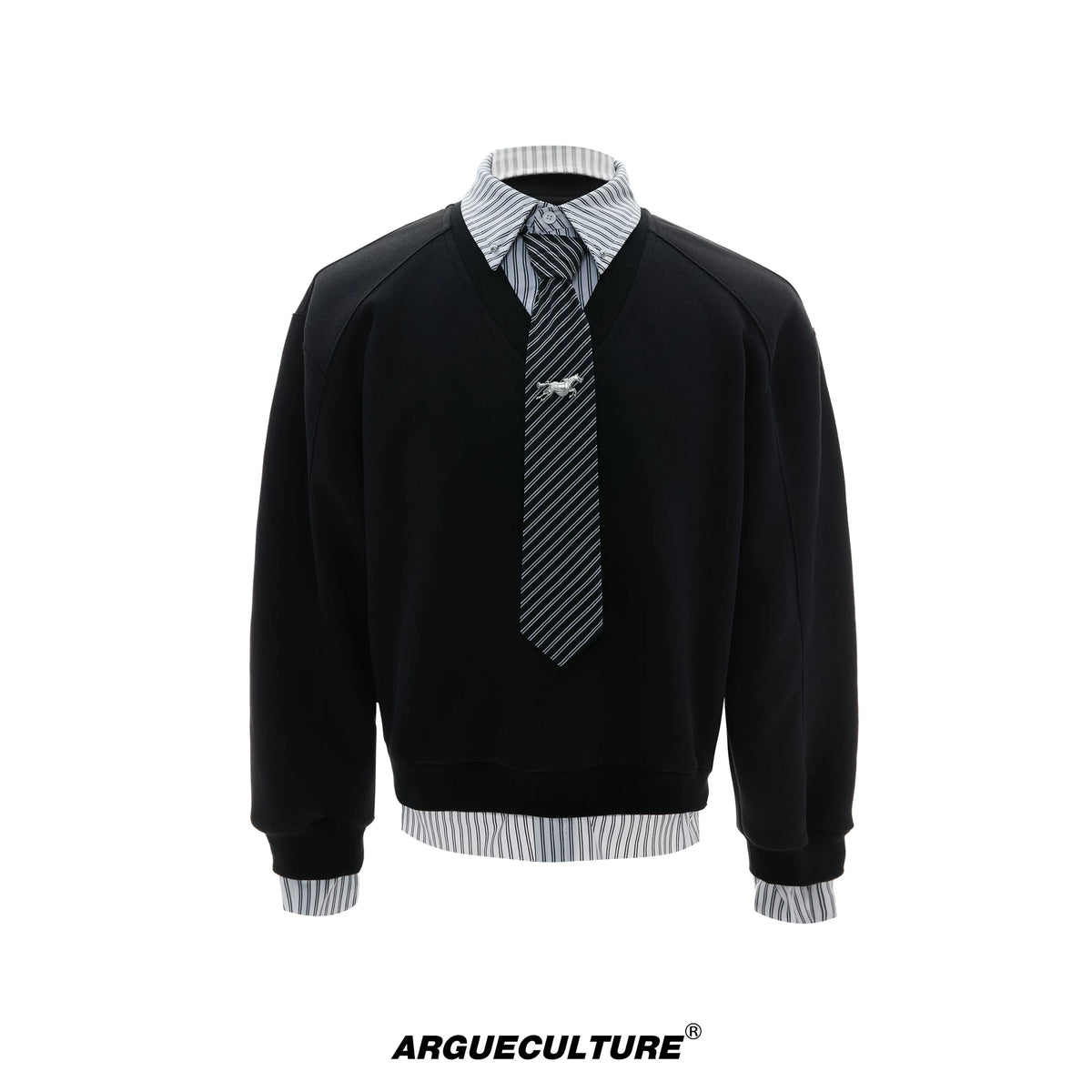 Striped Mock Two-Piece Polo Sweatshirt | Relaxed Fit - Black Top