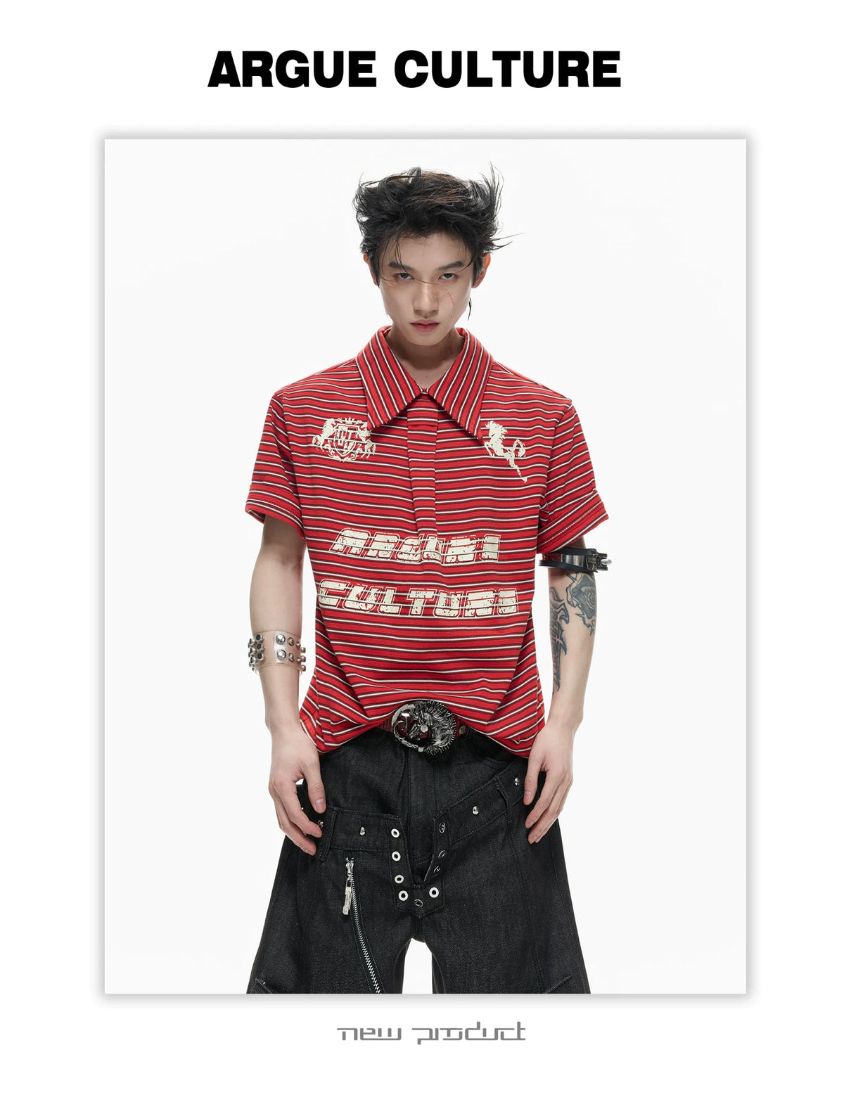 Contrast Stripe Polo Shirt with Horse Badge - description image 4