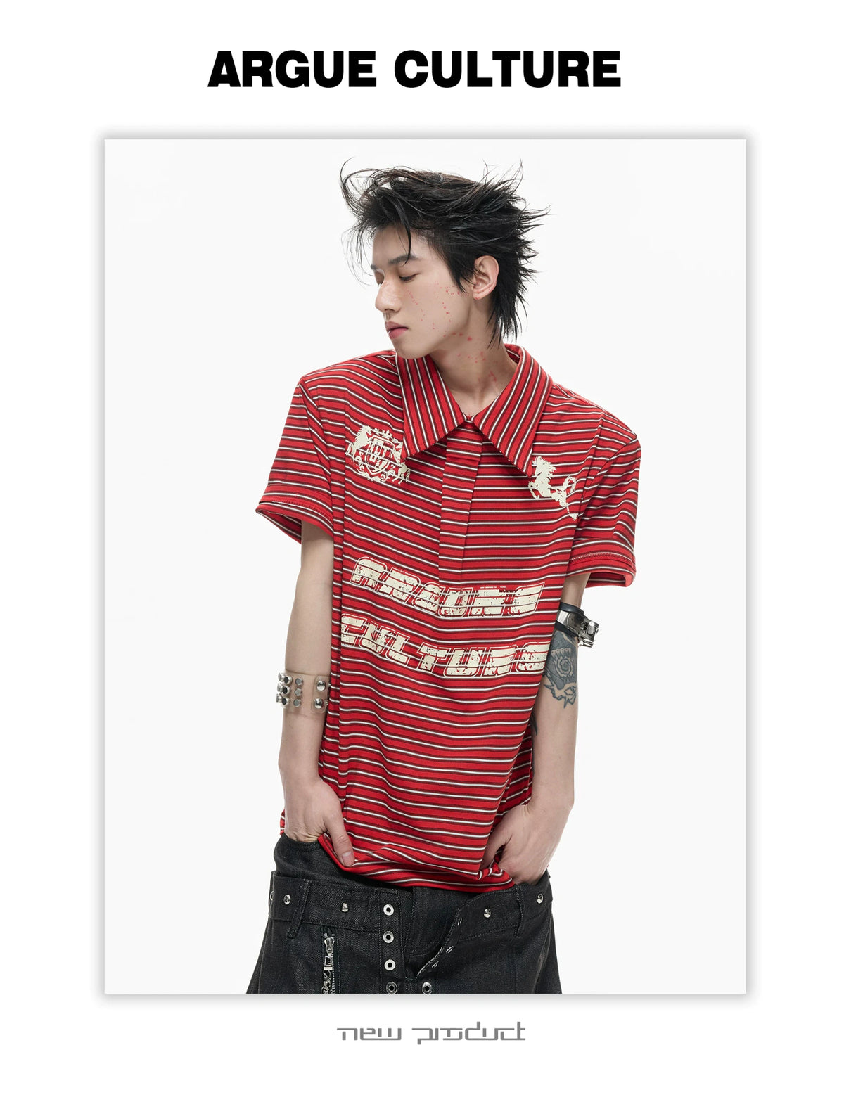 Contrast Stripe Polo Shirt with Horse Badge - description image 7