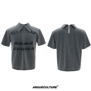 Contrast Stripe Polo Shirt with Horse Badge - Black Top
