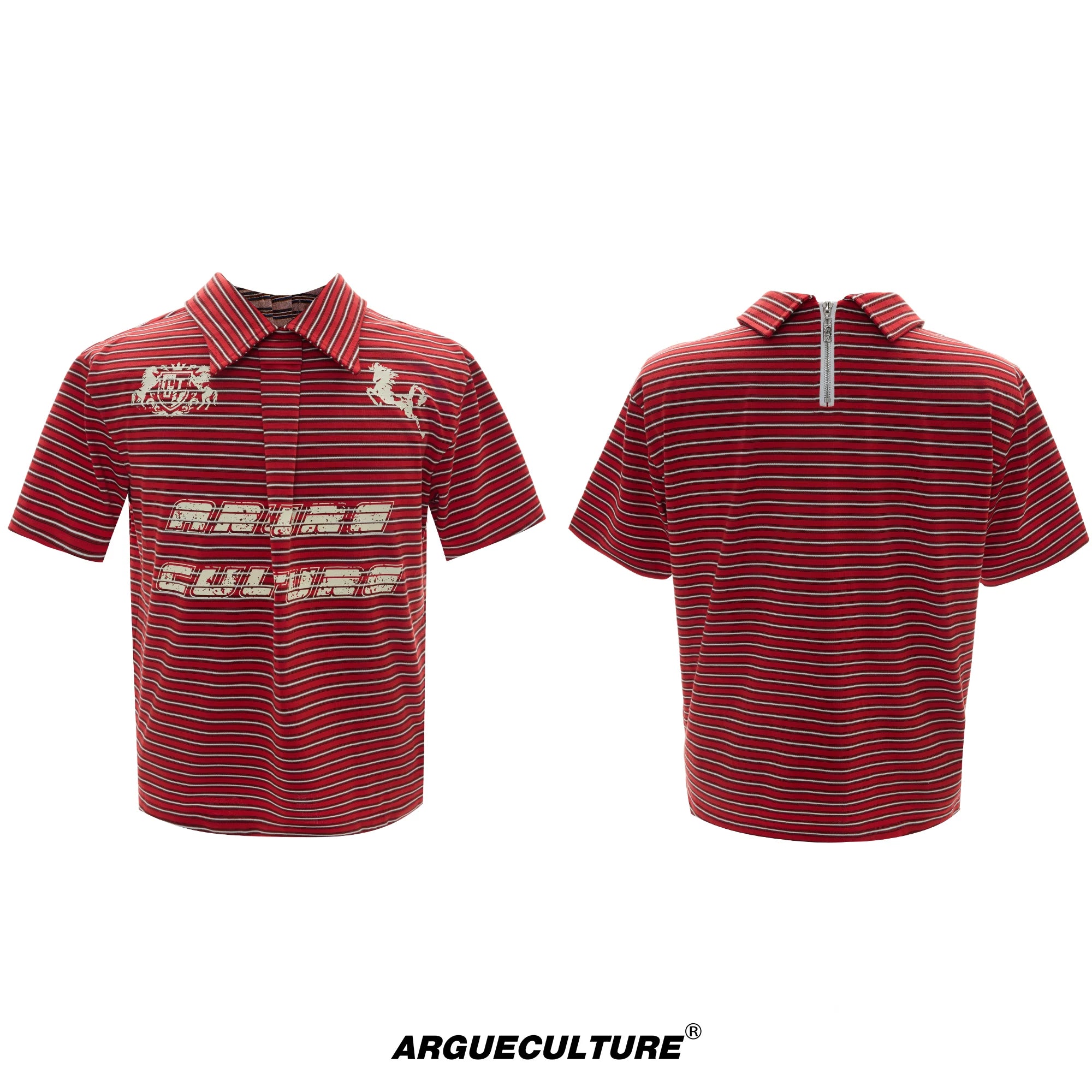 Contrast Stripe Polo Shirt with Horse Badge - Red Top