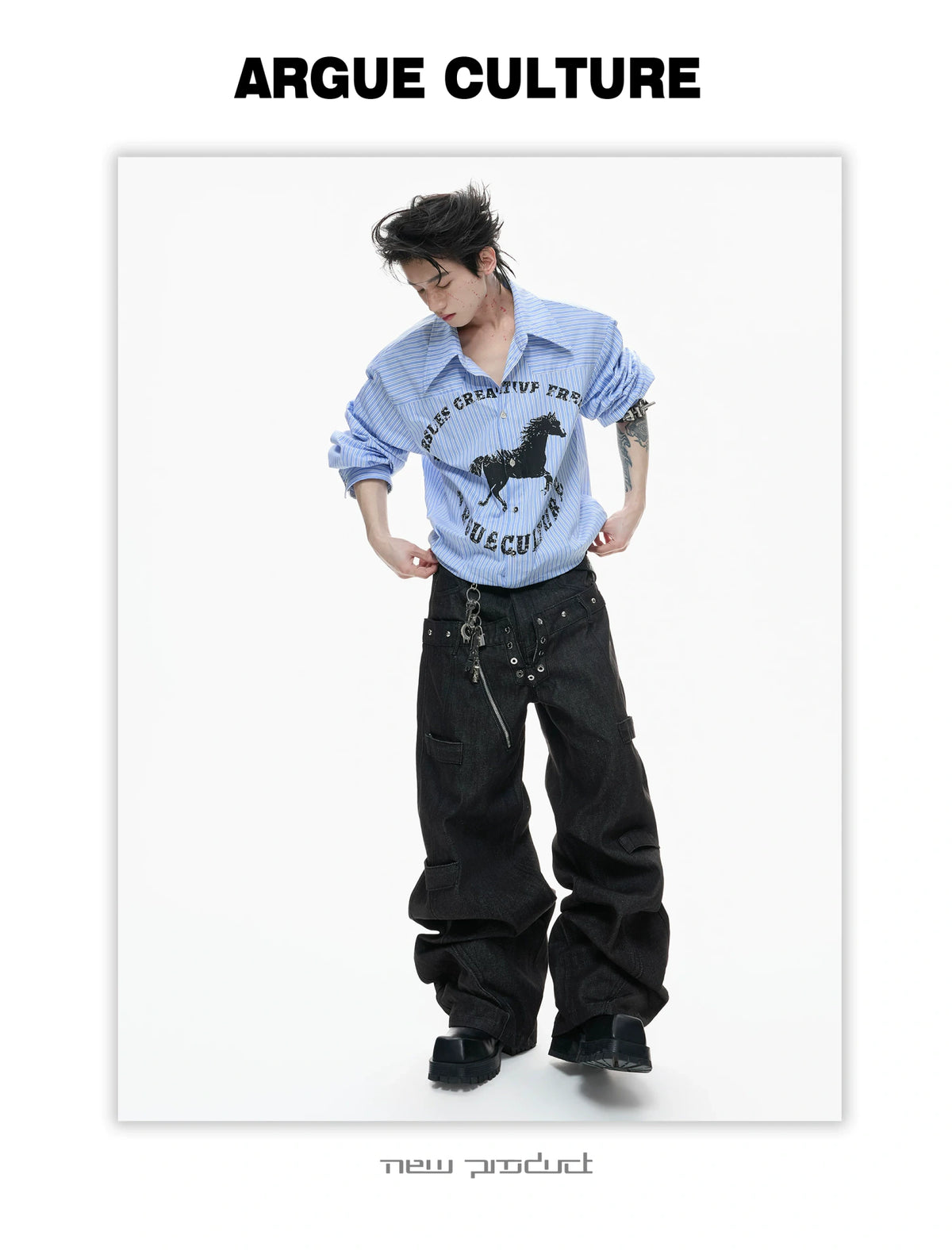 Loose Rhinestone Stripe Shirt with Metal Stud Details - description image 19