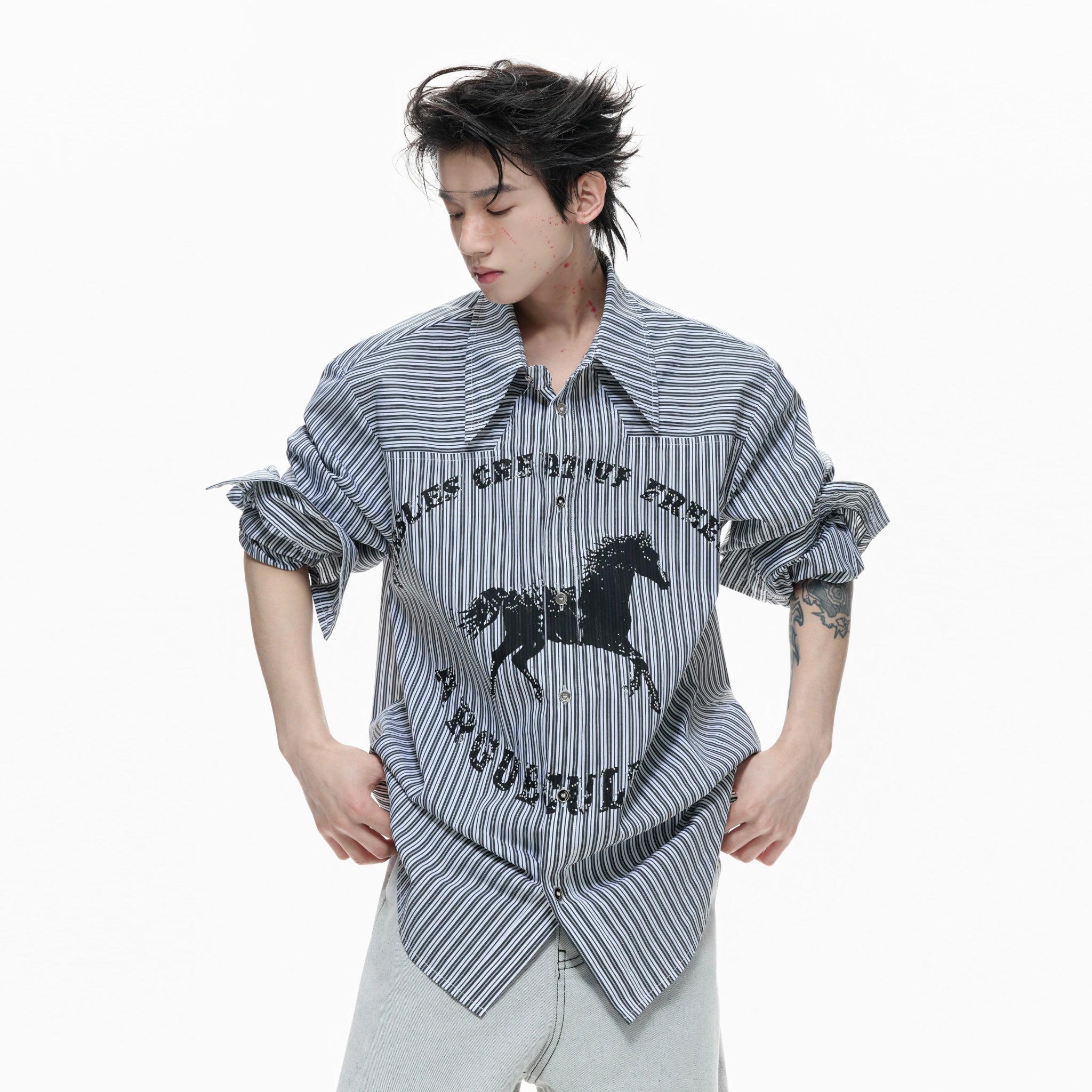 Loose Rhinestone Stripe Shirt with Metal Stud Details - main image 1