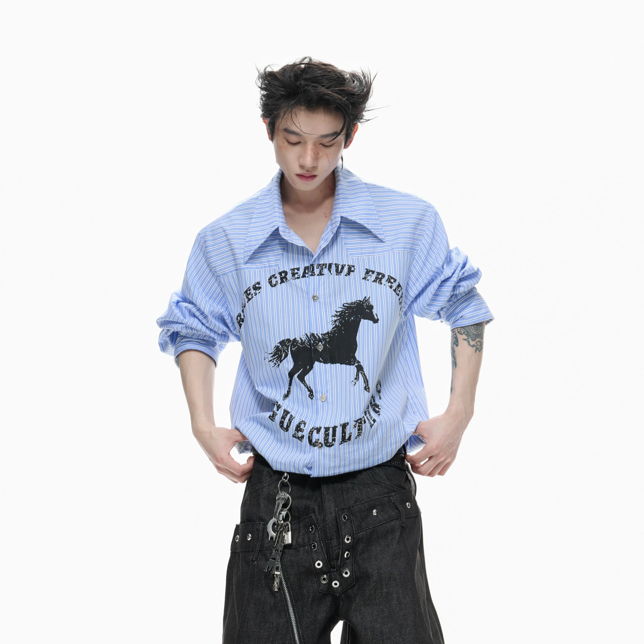 Loose Rhinestone Stripe Shirt with Metal Stud Details - main image 2