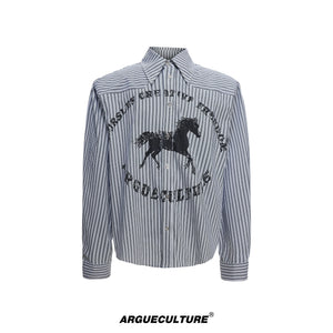 Loose Rhinestone Stripe Shirt with Metal Stud Details - Gray Top