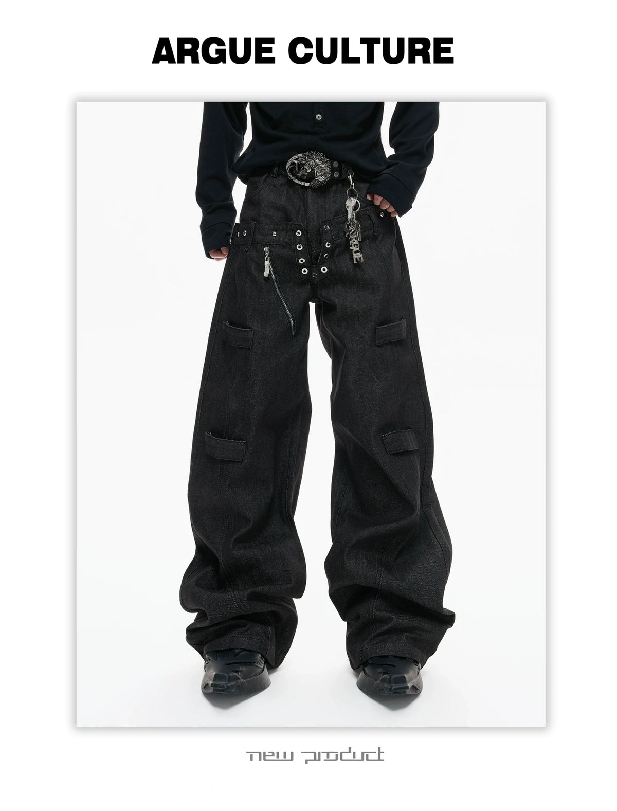 Black Raw Denim Double-Waist Jeans | Relaxed Fit - description image 4