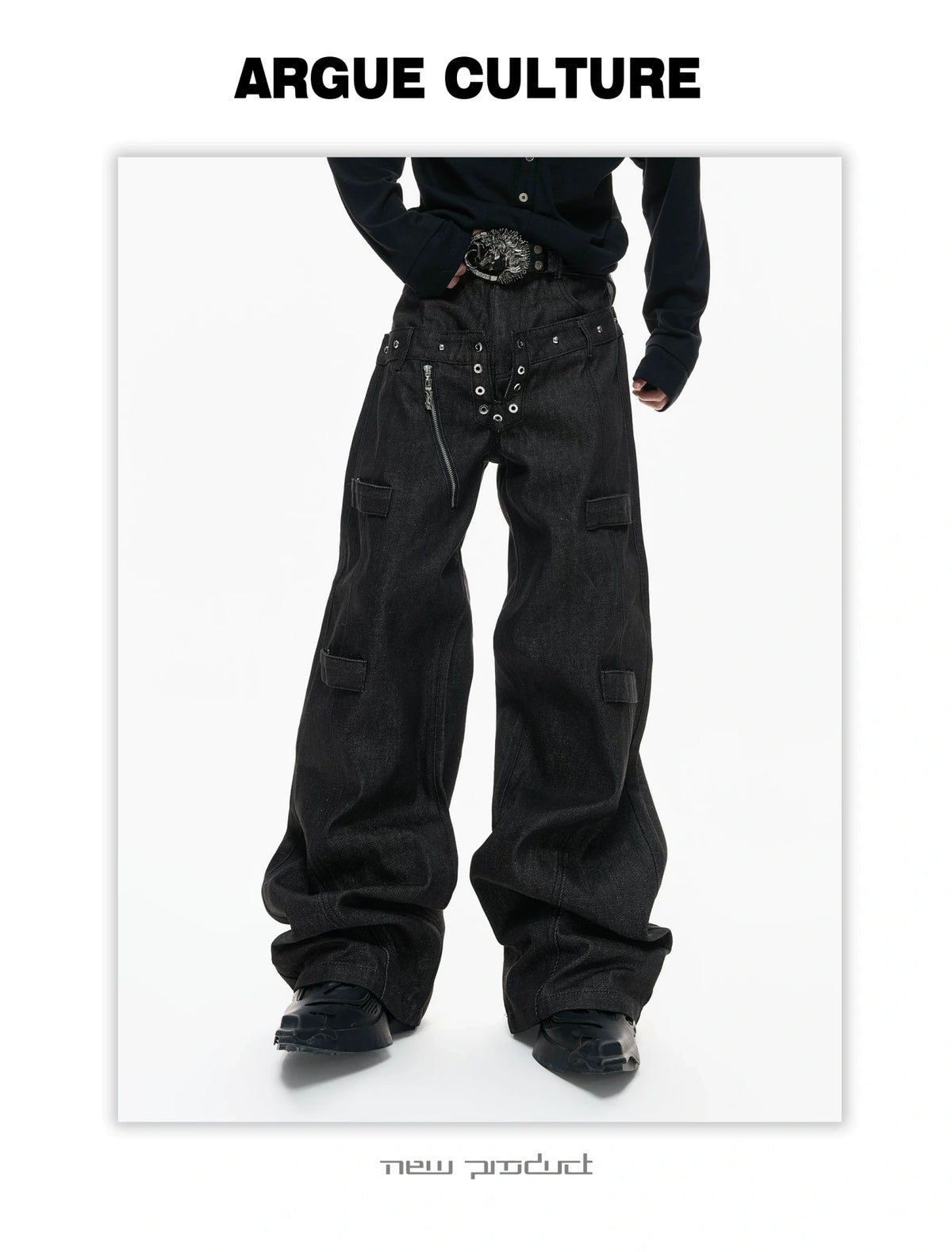 Black Raw Denim Double-Waist Jeans | Relaxed Fit - description image 5