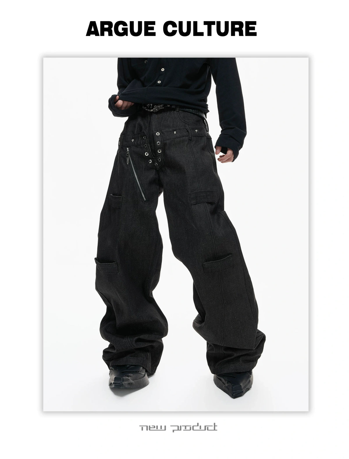 Black Raw Denim Double-Waist Jeans | Relaxed Fit - description image 6