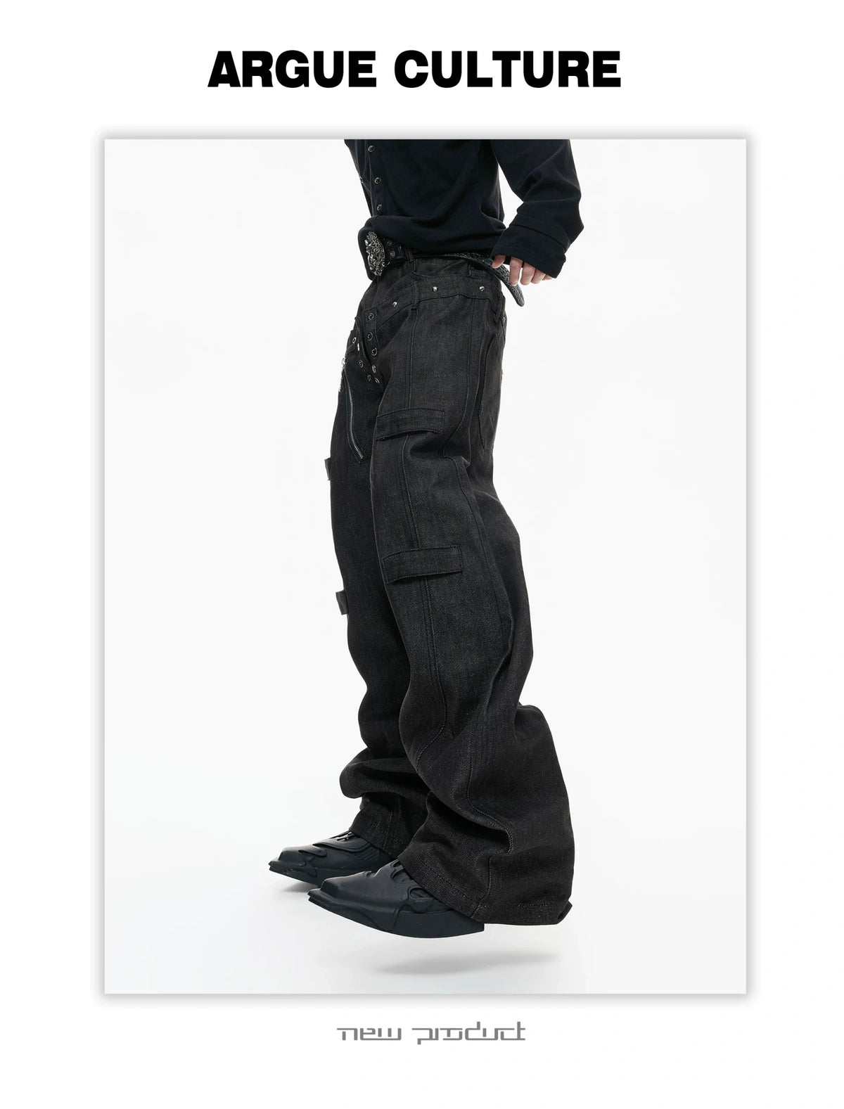 Black Raw Denim Double-Waist Jeans | Relaxed Fit - description image 7