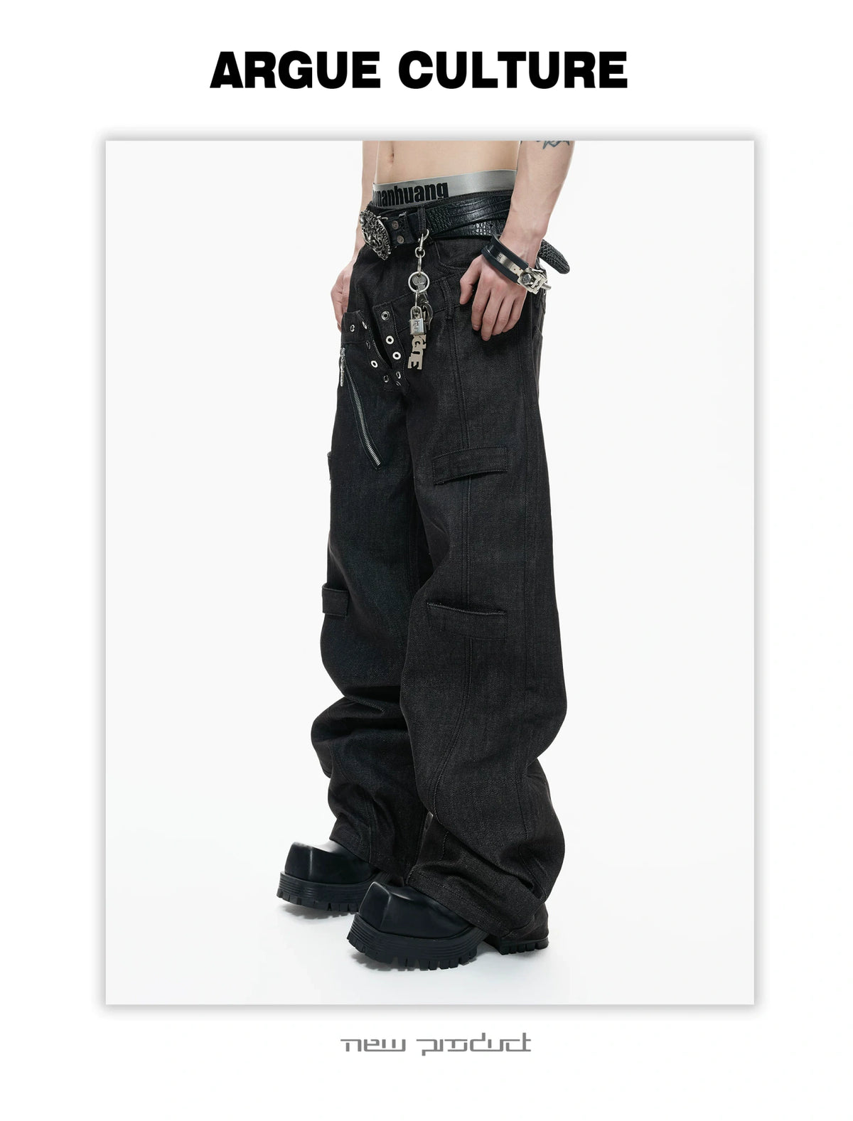 Black Raw Denim Double-Waist Jeans | Relaxed Fit - description image 9