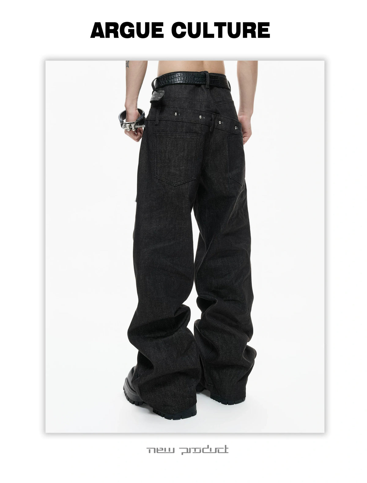 Black Raw Denim Double-Waist Jeans | Relaxed Fit - description image 10