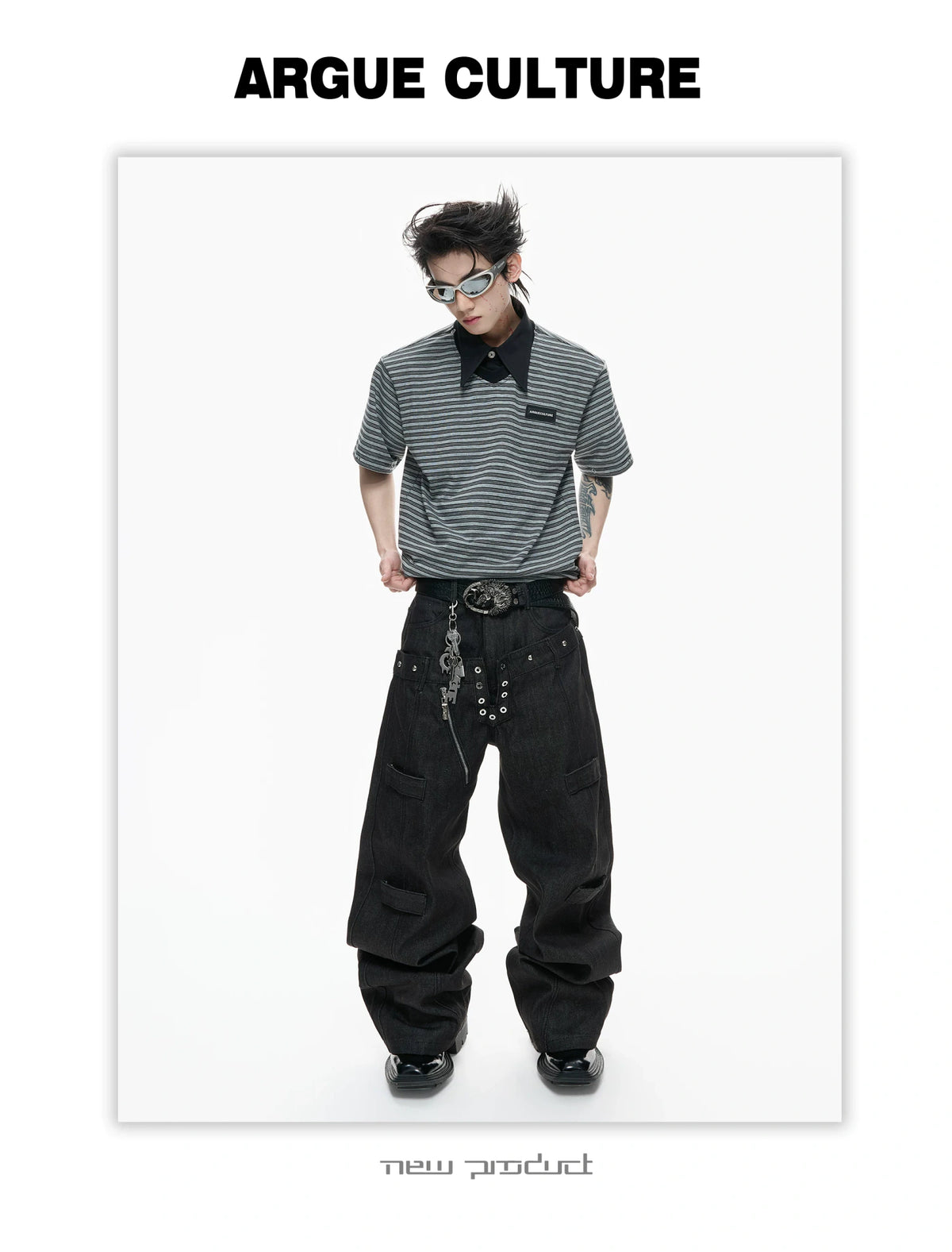 Black Raw Denim Double-Waist Jeans | Relaxed Fit - description image 11