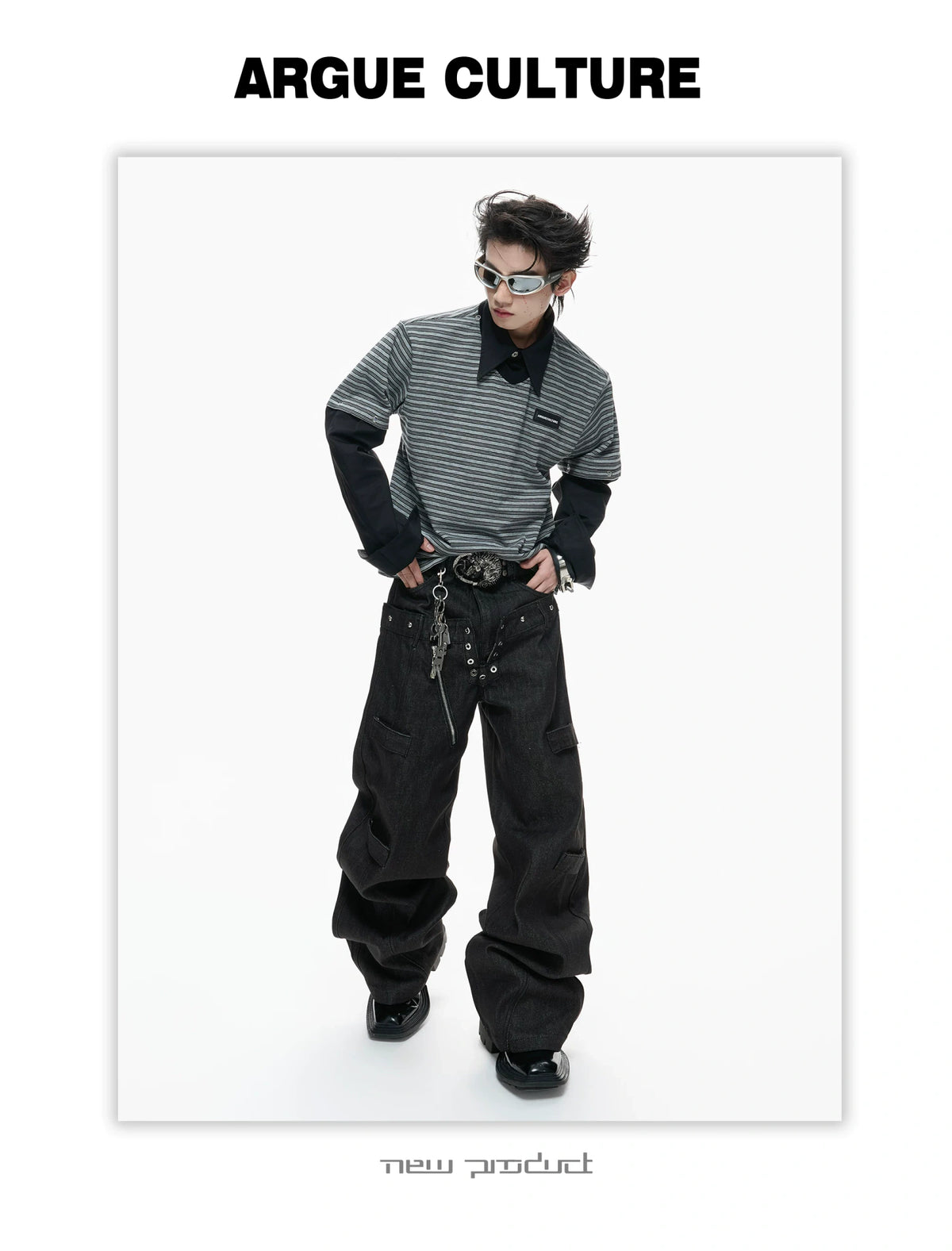 Black Raw Denim Double-Waist Jeans | Relaxed Fit - description image 12