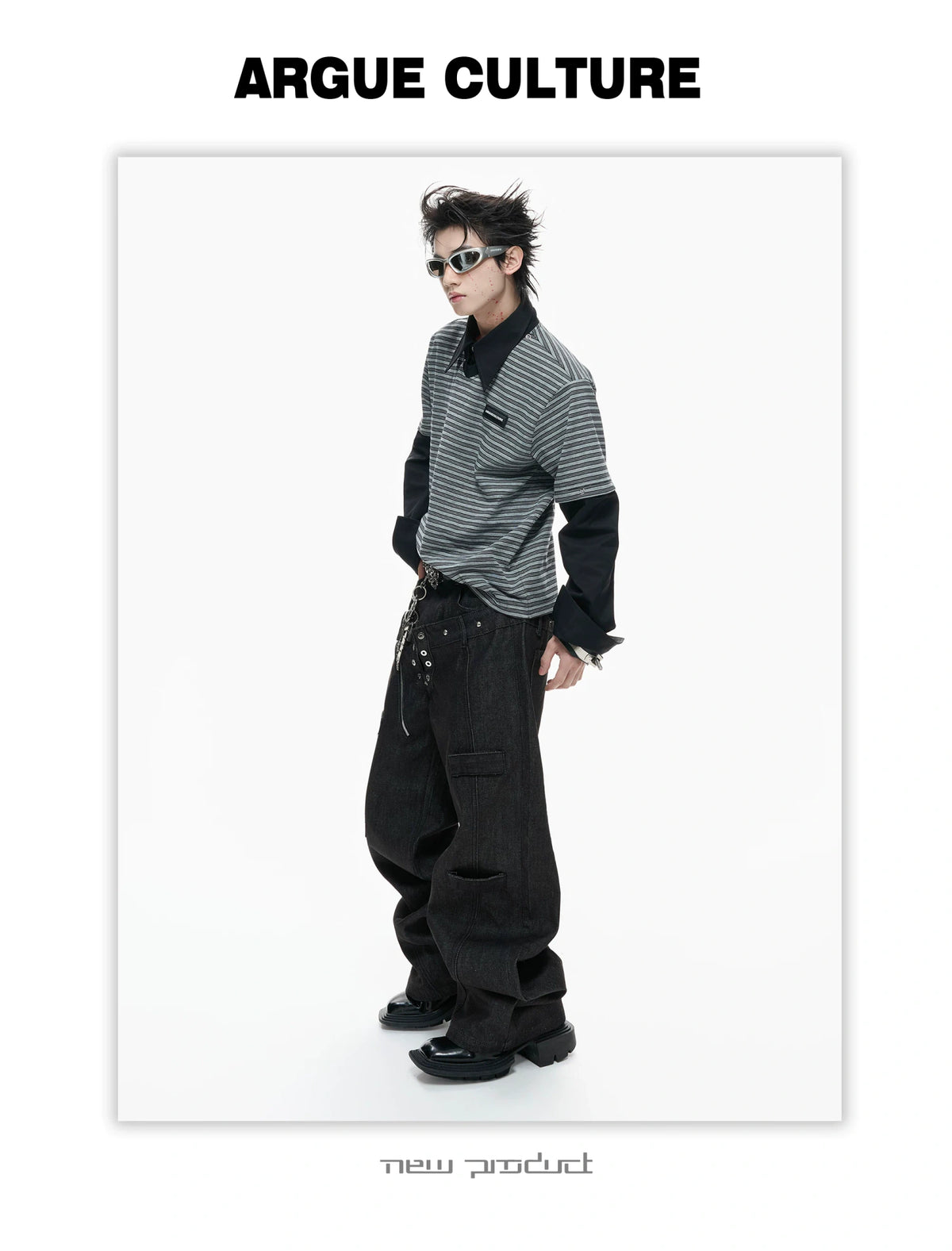 Black Raw Denim Double-Waist Jeans | Relaxed Fit - description image 13