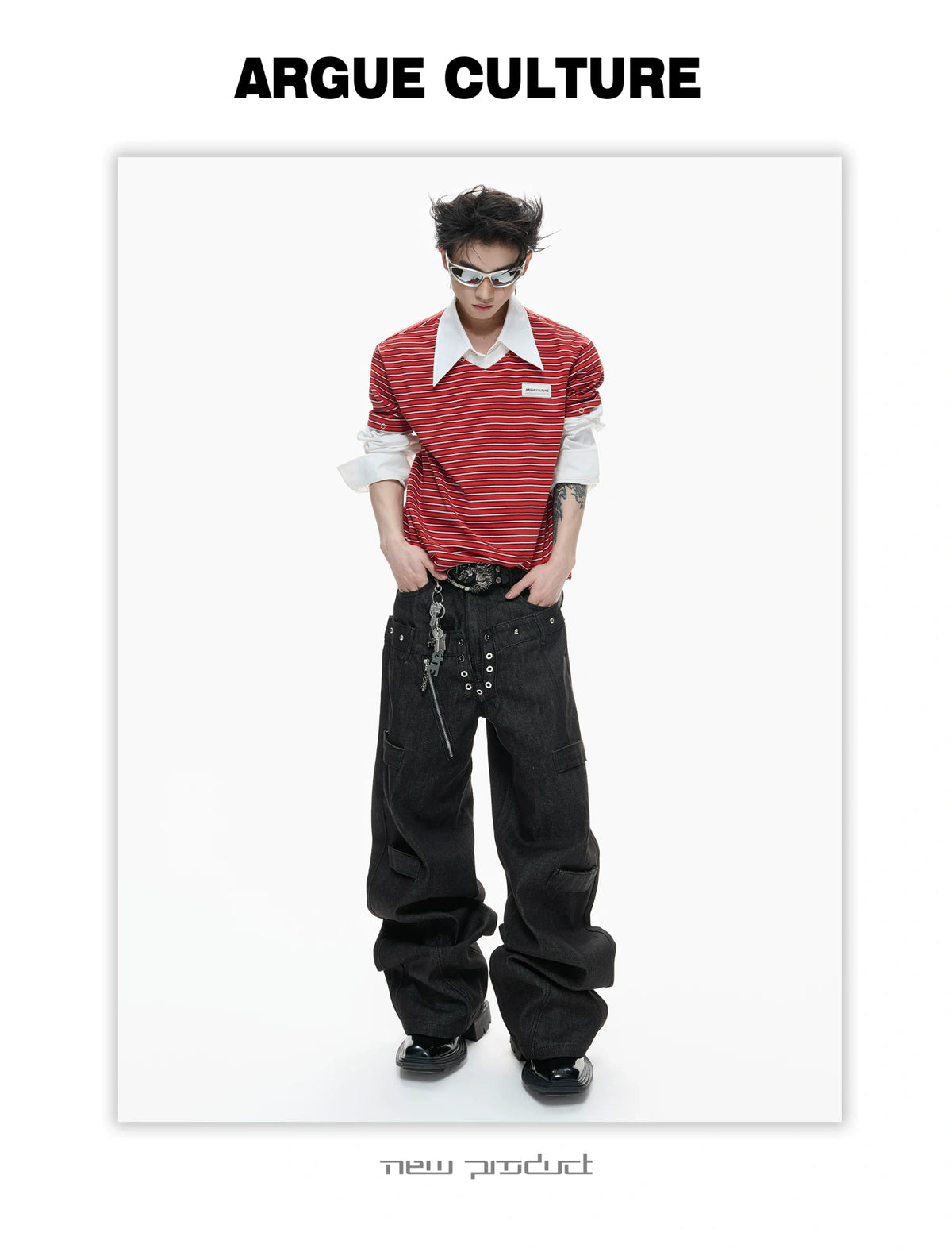 Black Raw Denim Double-Waist Jeans | Relaxed Fit - description image 15