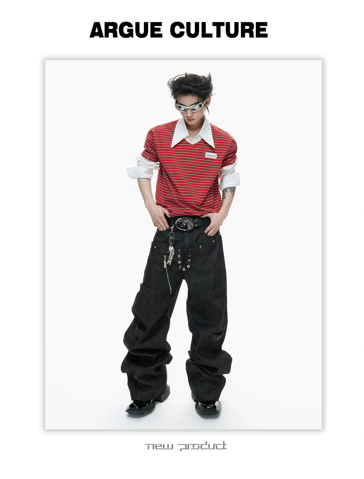 Black Raw Denim Double-Waist Jeans | Relaxed Fit - description image 16