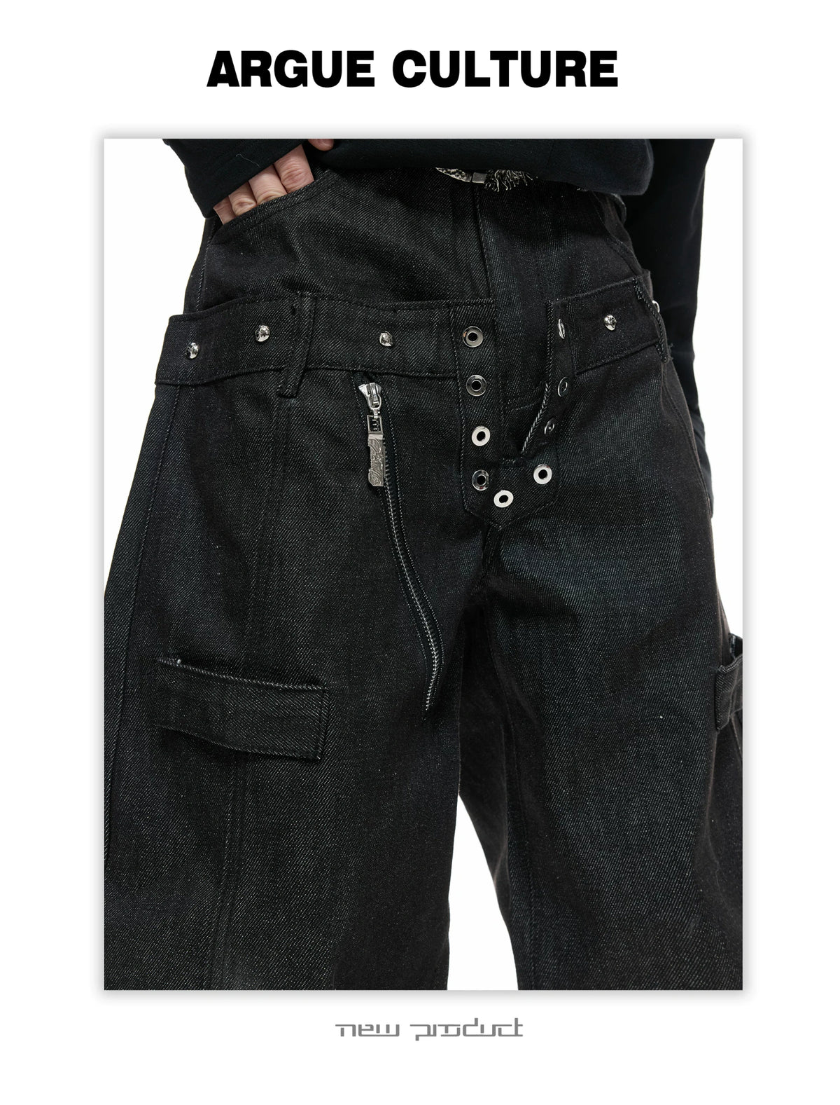 Black Raw Denim Double-Waist Jeans | Relaxed Fit - description image 18