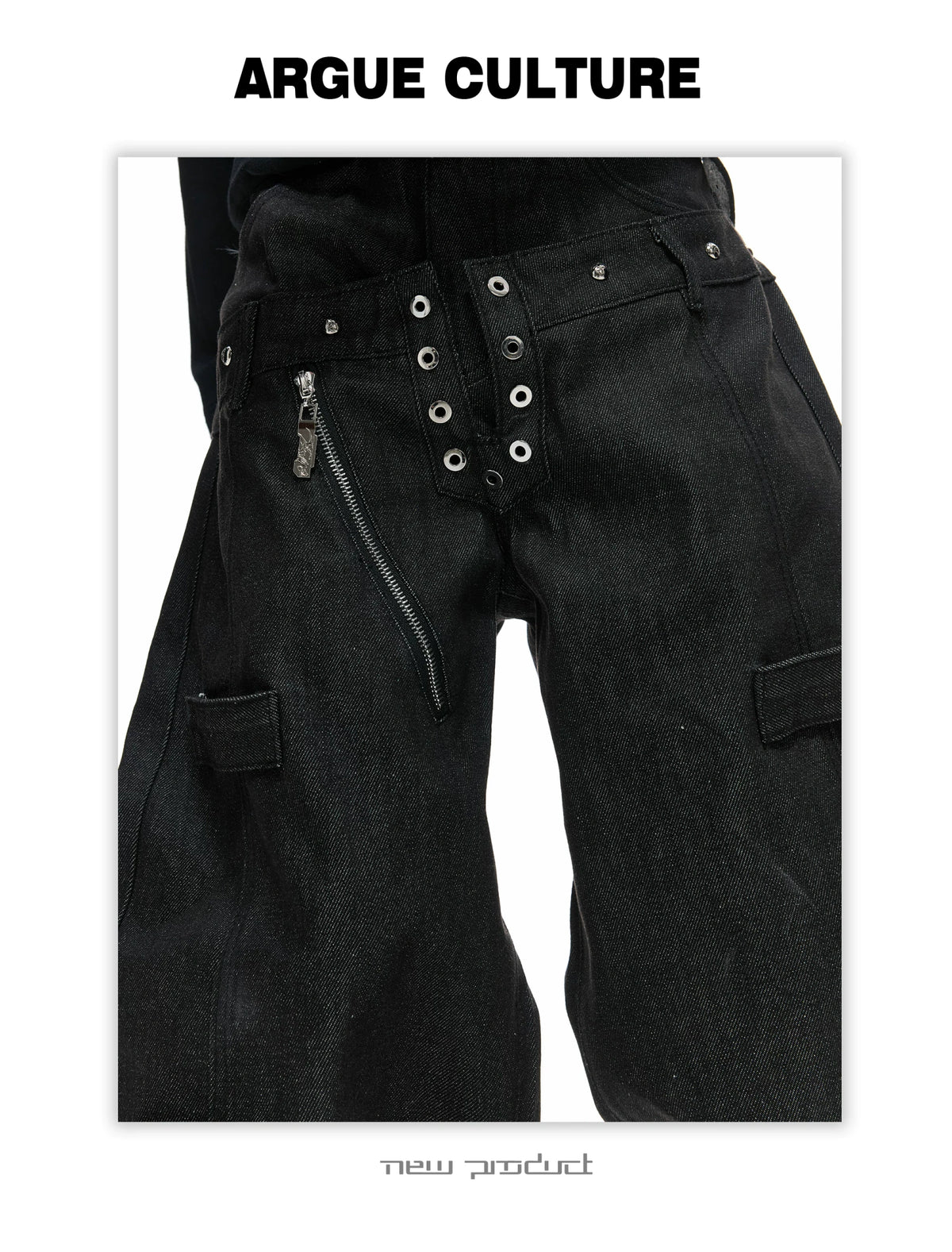 Black Raw Denim Double-Waist Jeans | Relaxed Fit - description image 19