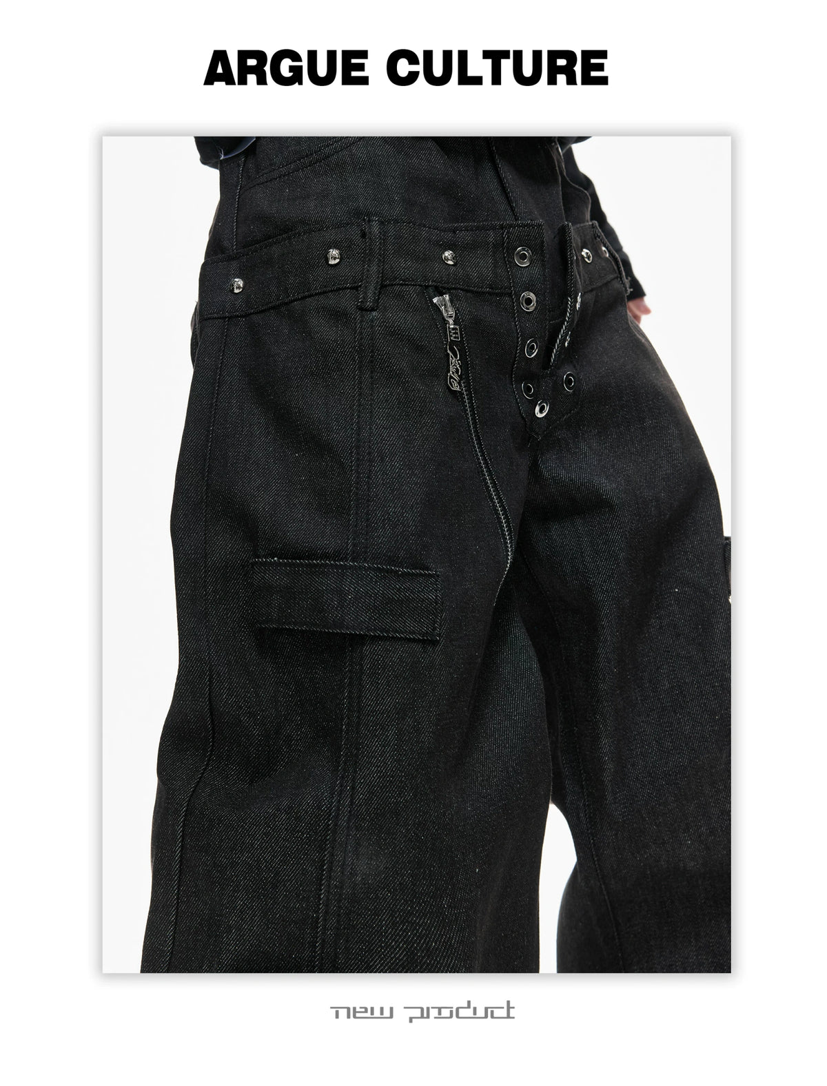 Black Raw Denim Double-Waist Jeans | Relaxed Fit - description image 20