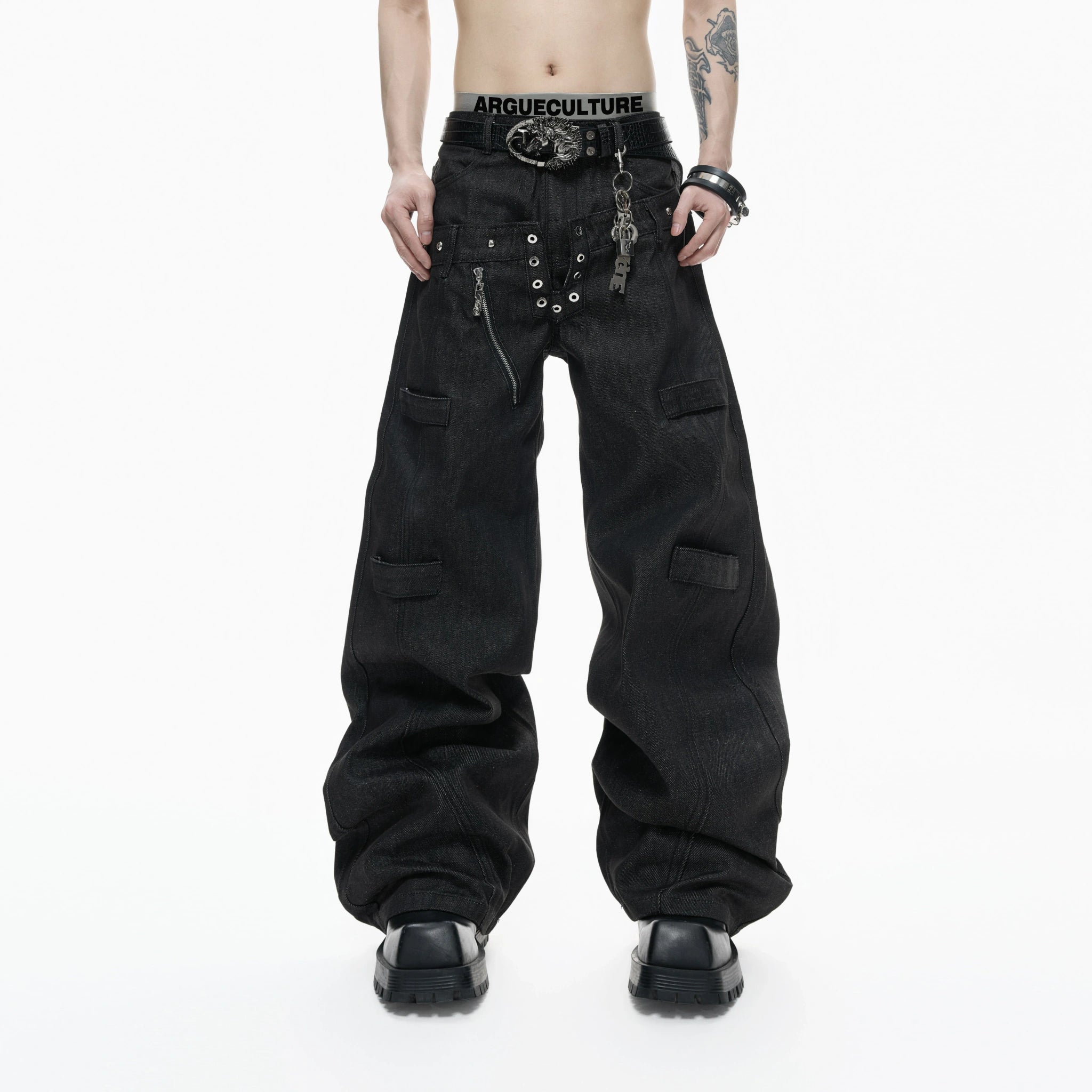 Black Raw Denim Double-Waist Jeans | Relaxed Fit - main image 1