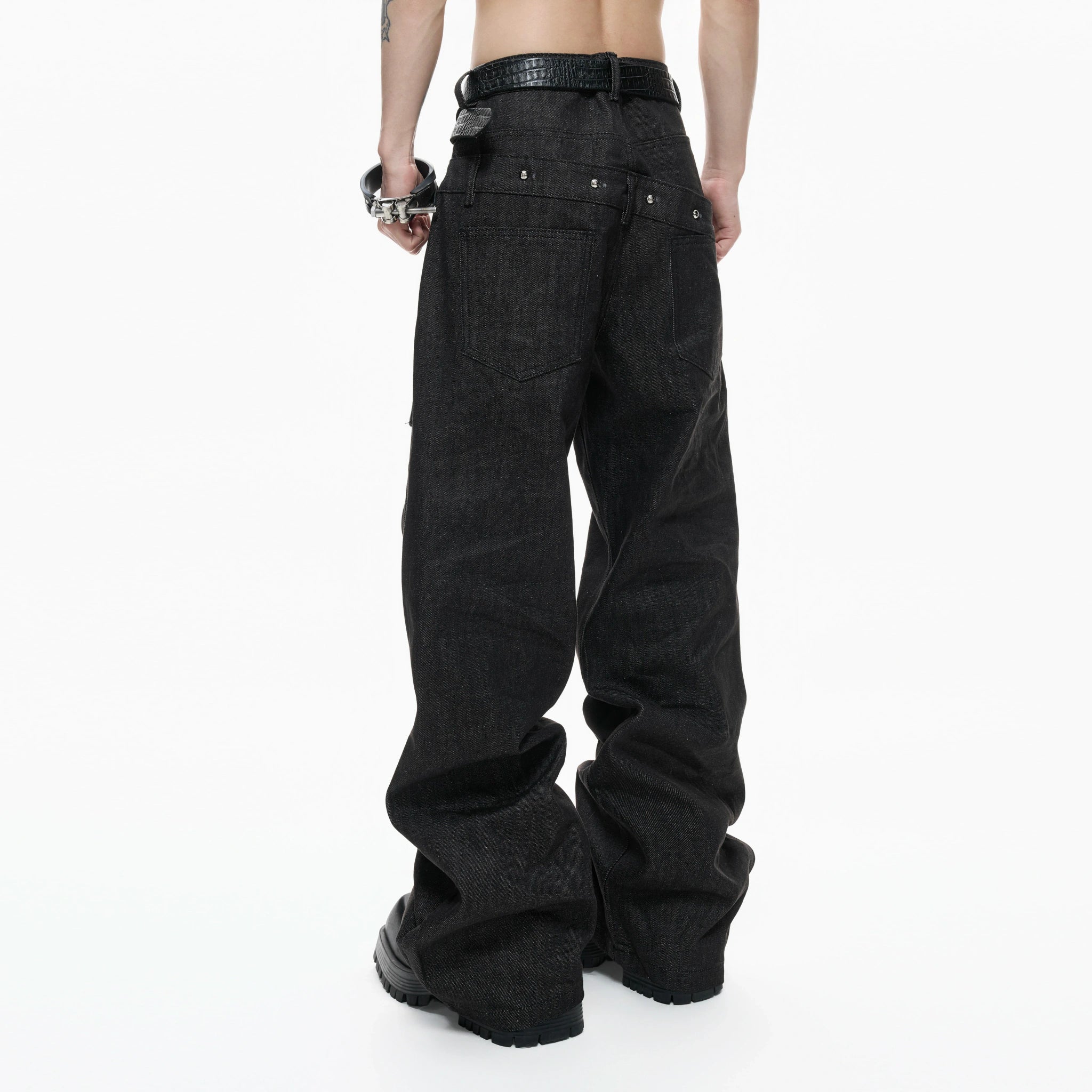 Black Raw Denim Double-Waist Jeans | Relaxed Fit - main image 2