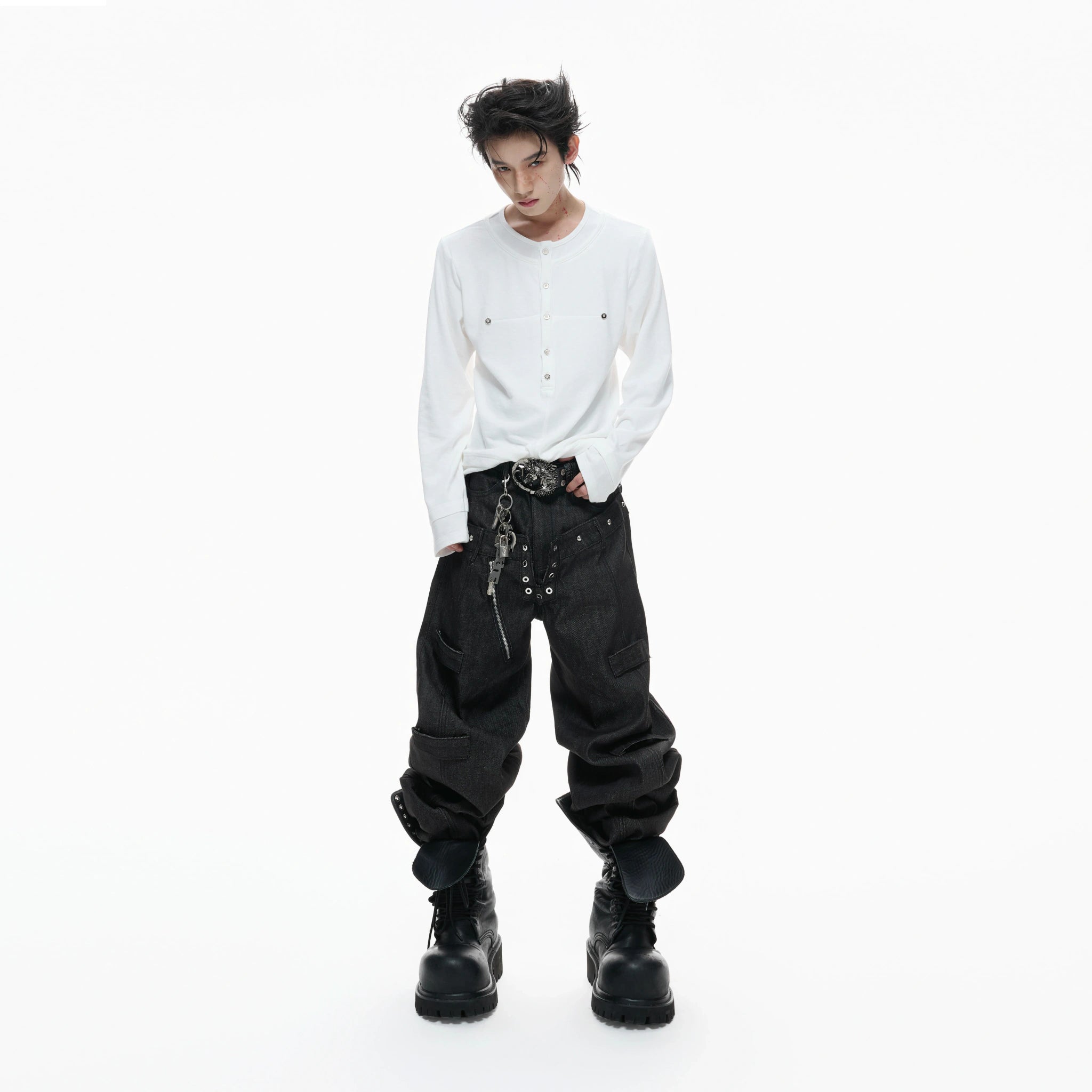Black Raw Denim Double-Waist Jeans | Relaxed Fit - main image 3