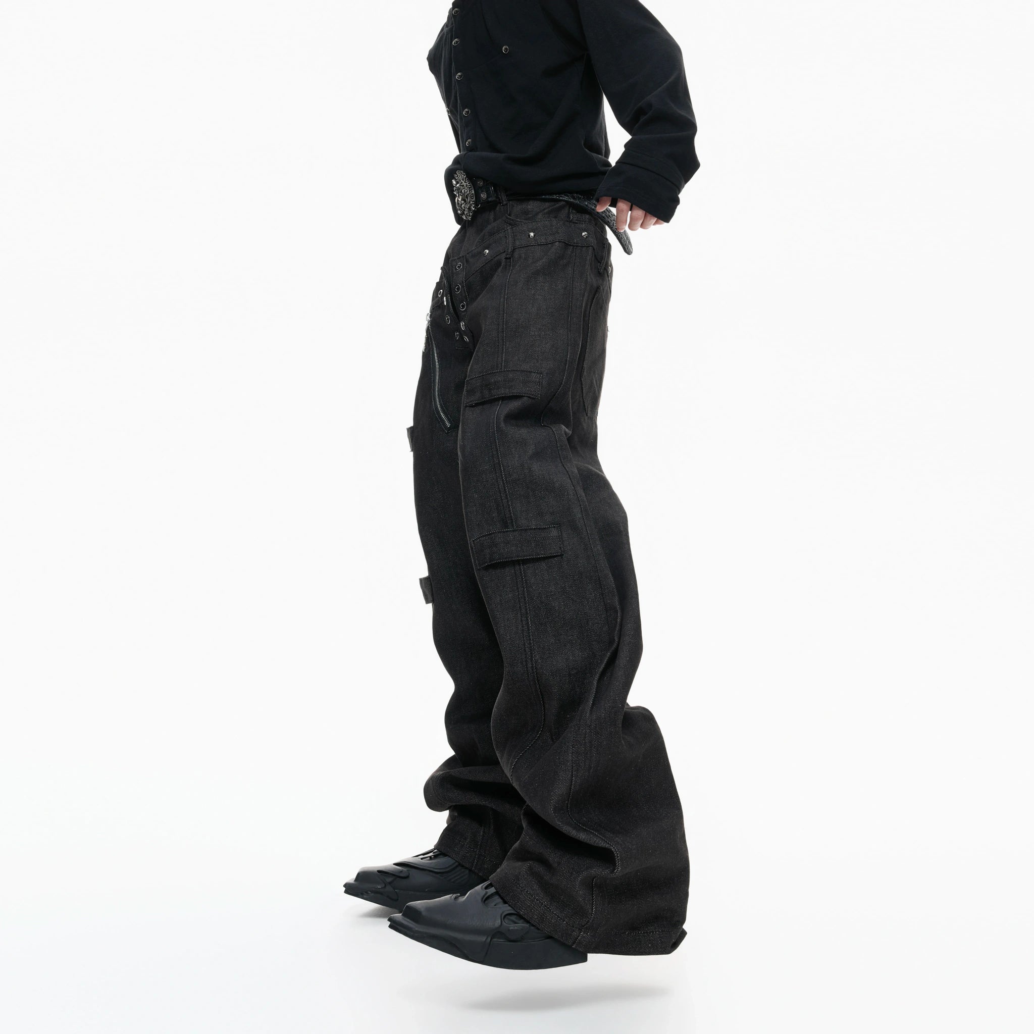 Black Raw Denim Double-Waist Jeans | Relaxed Fit - main image 4