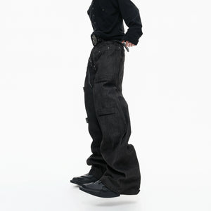 Black Raw Denim Double-Waist Jeans | Relaxed Fit - main image 4