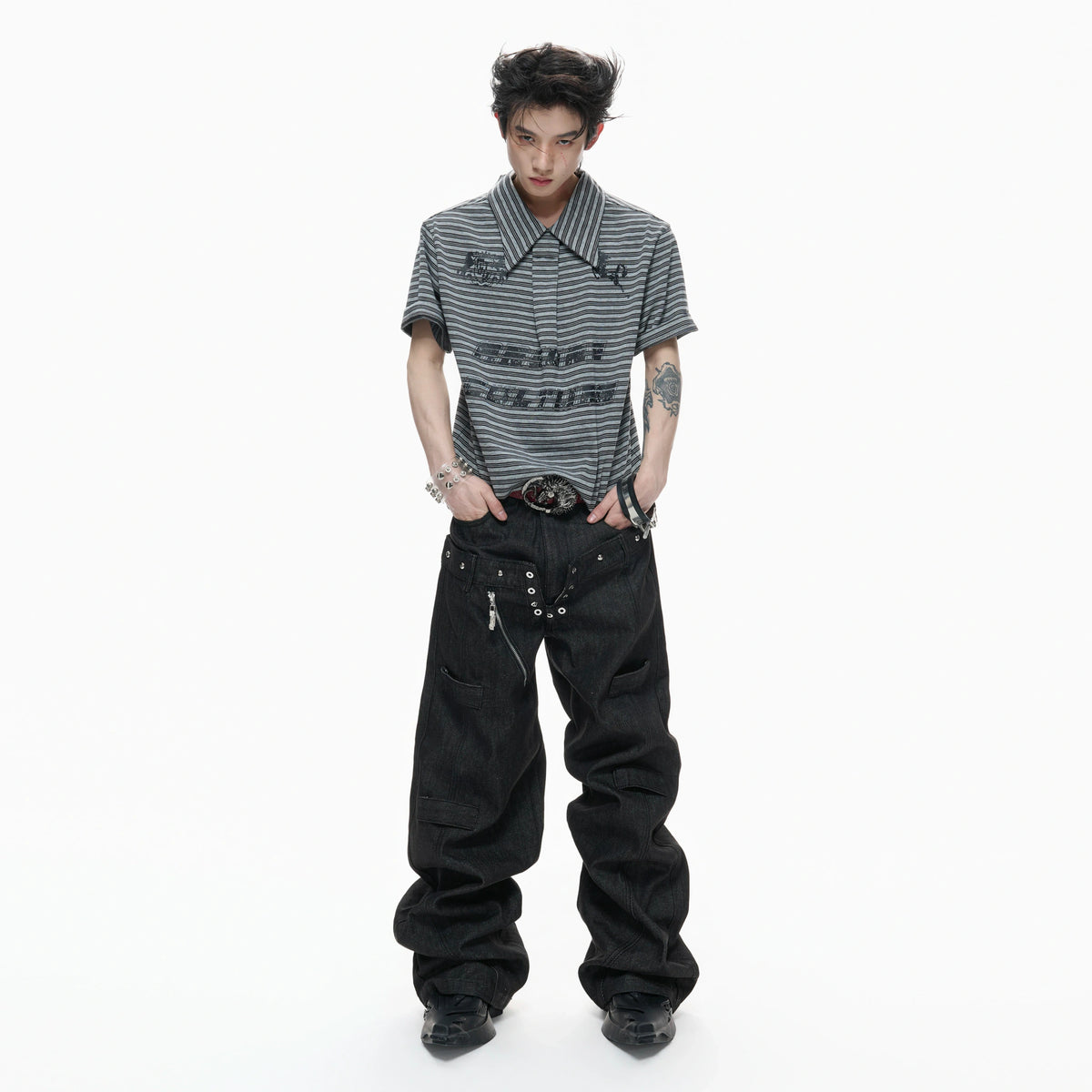 Black Raw Denim Double-Waist Jeans | Relaxed Fit - main image 5