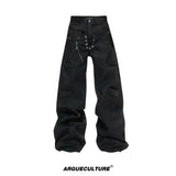 Black Raw Denim Double-Waist Jeans | Relaxed Fit - Black Pants