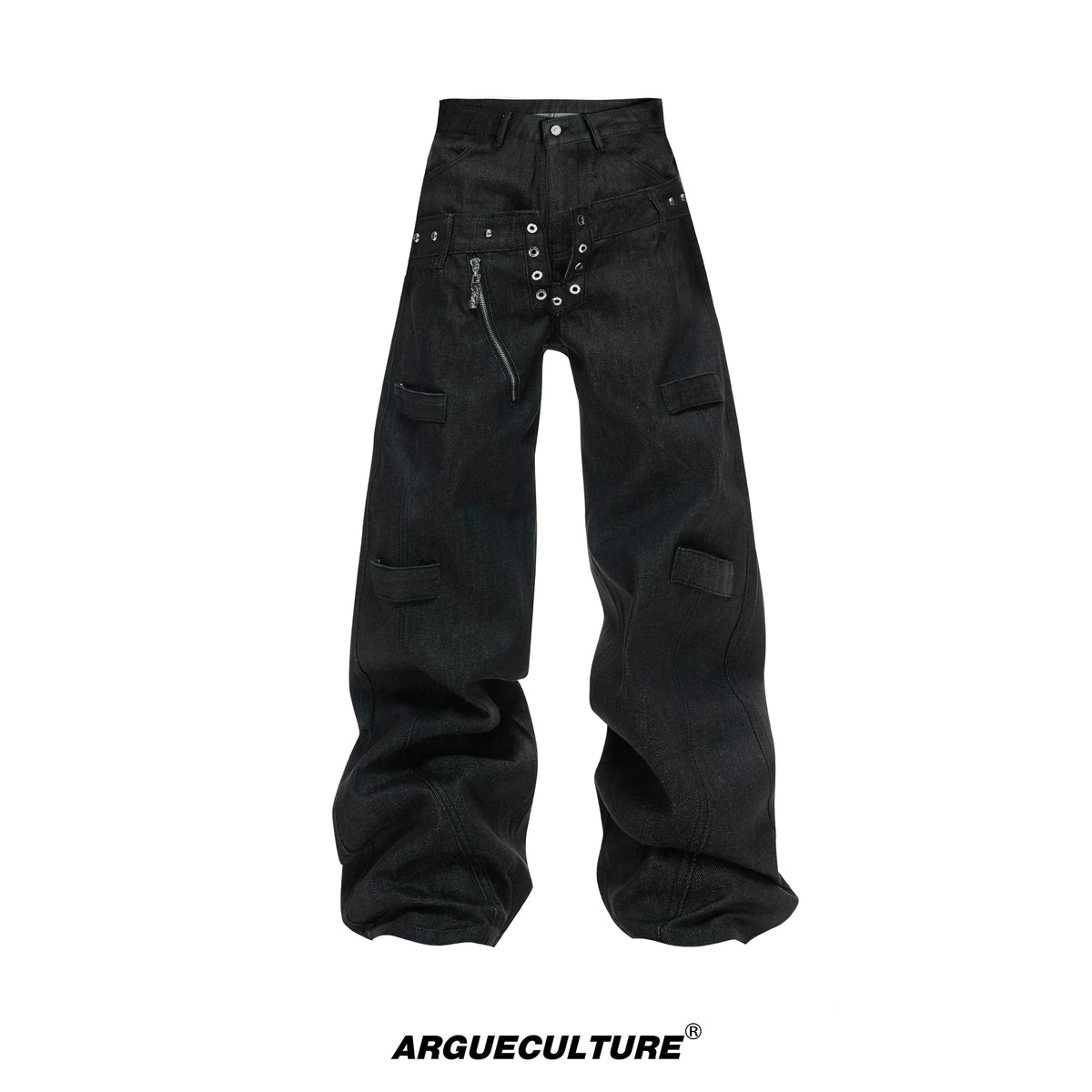 Black Raw Denim Double-Waist Jeans | Relaxed Fit - Black Pants