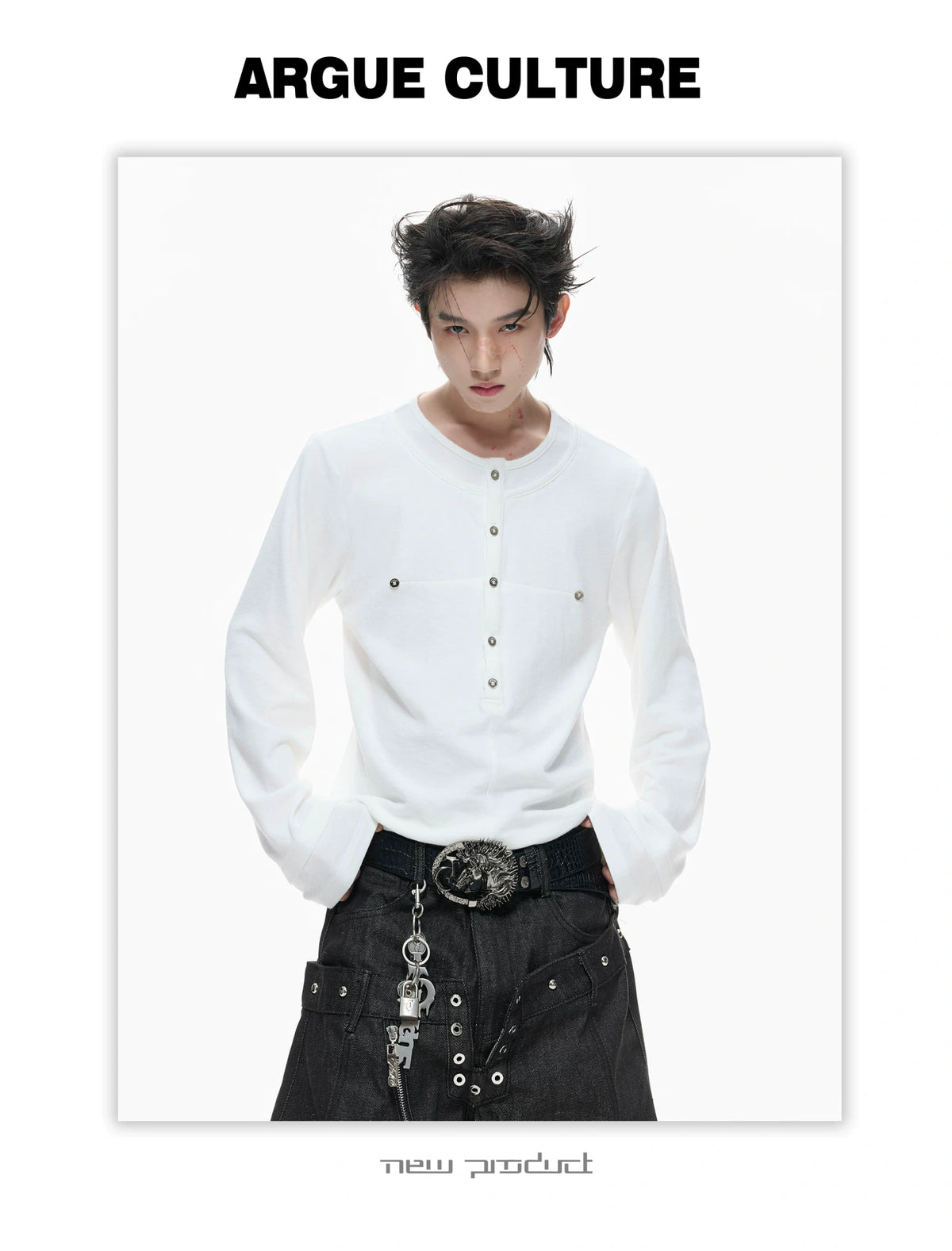 Faux-Layer Cotton Long-Sleeve Top with Metal Buttons - description image 4