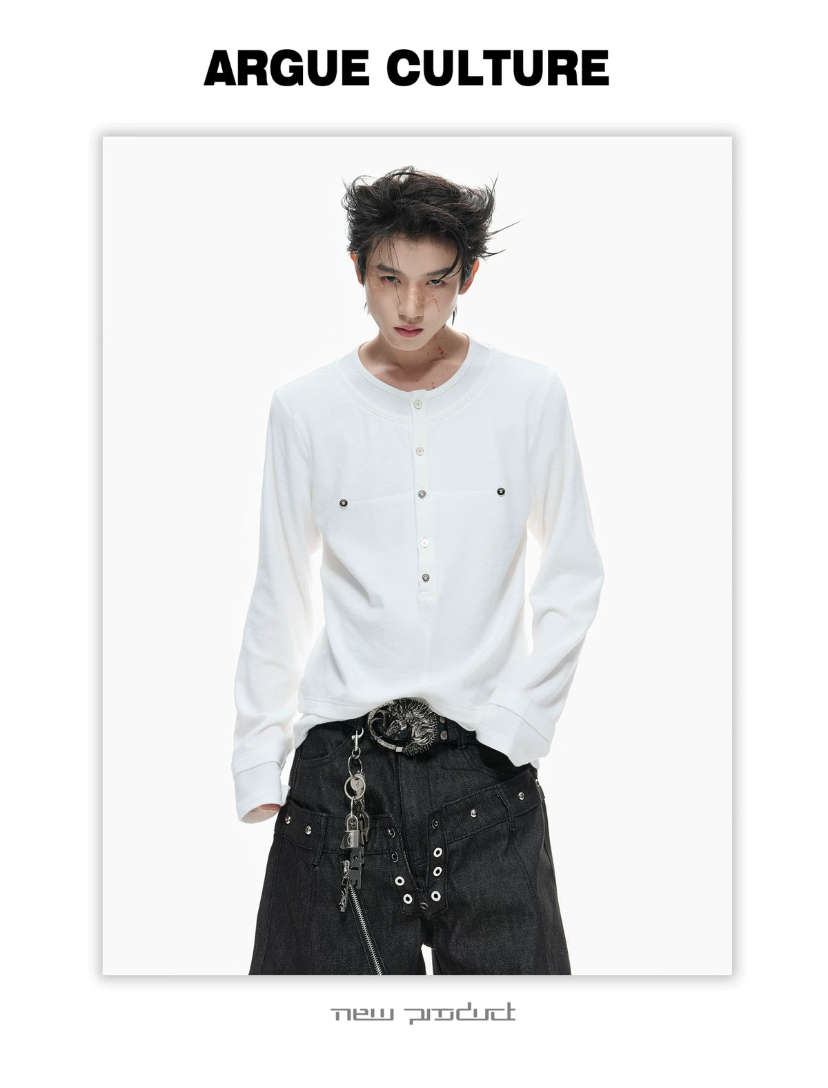 Faux-Layer Cotton Long-Sleeve Top with Metal Buttons - description image 5