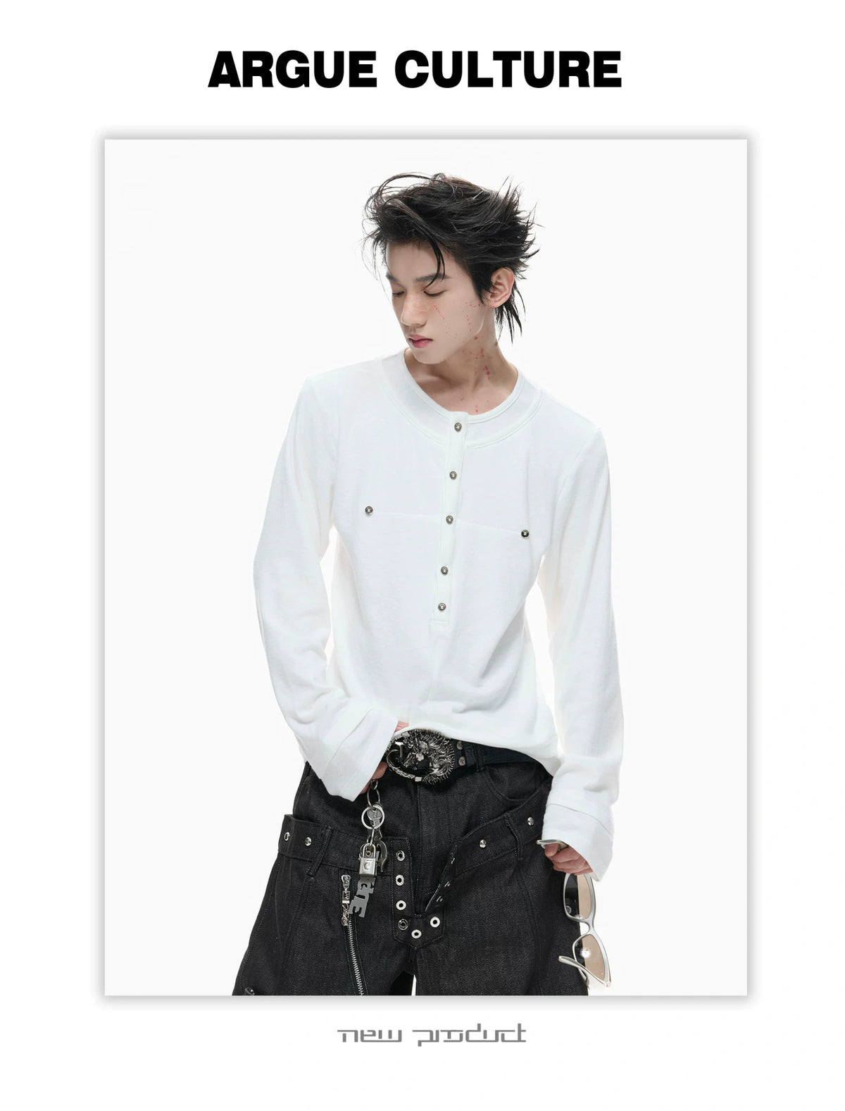 Faux-Layer Cotton Long-Sleeve Top with Metal Buttons - description image 6