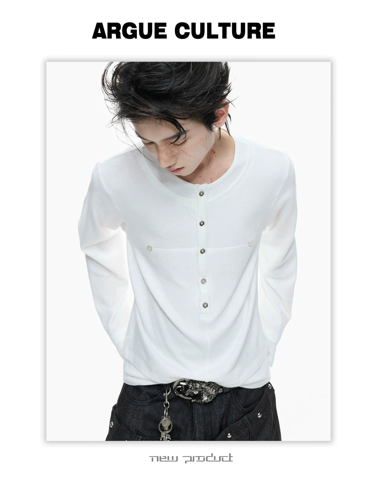 Faux-Layer Cotton Long-Sleeve Top with Metal Buttons - description image 7