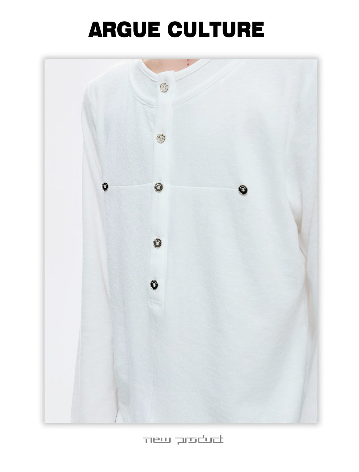 Faux-Layer Cotton Long-Sleeve Top with Metal Buttons - description image 9