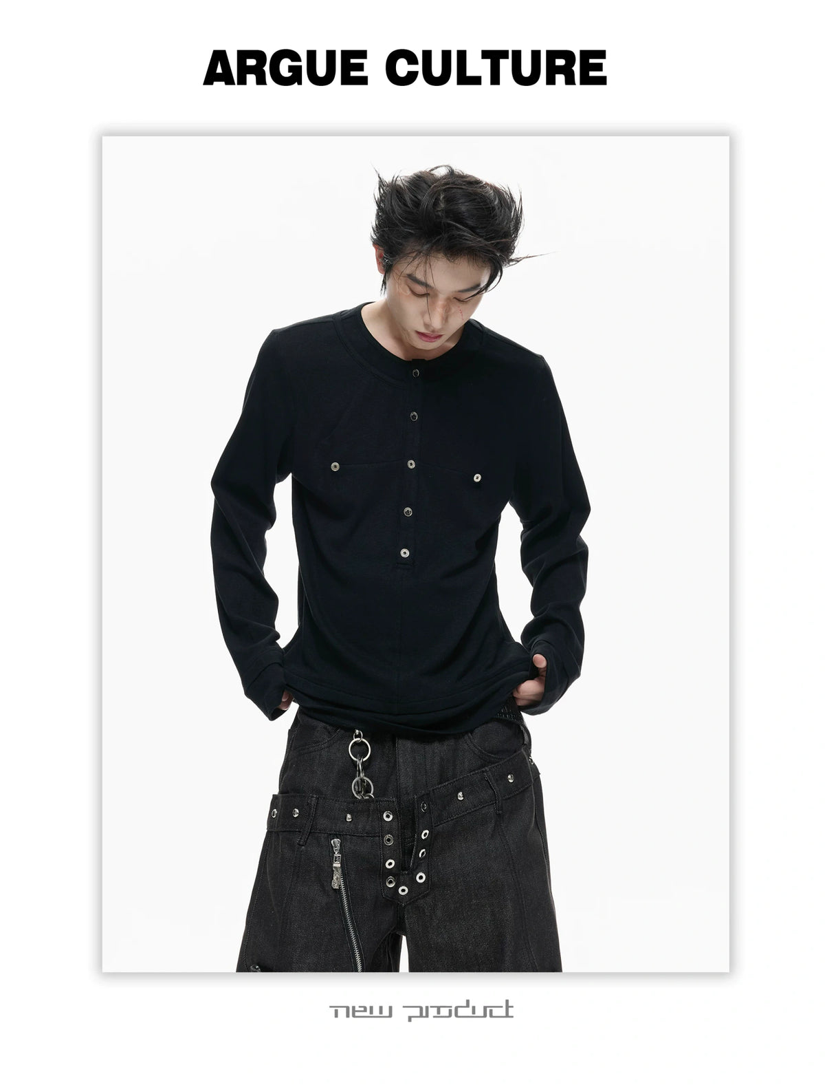 Faux-Layer Cotton Long-Sleeve Top with Metal Buttons - description image 13